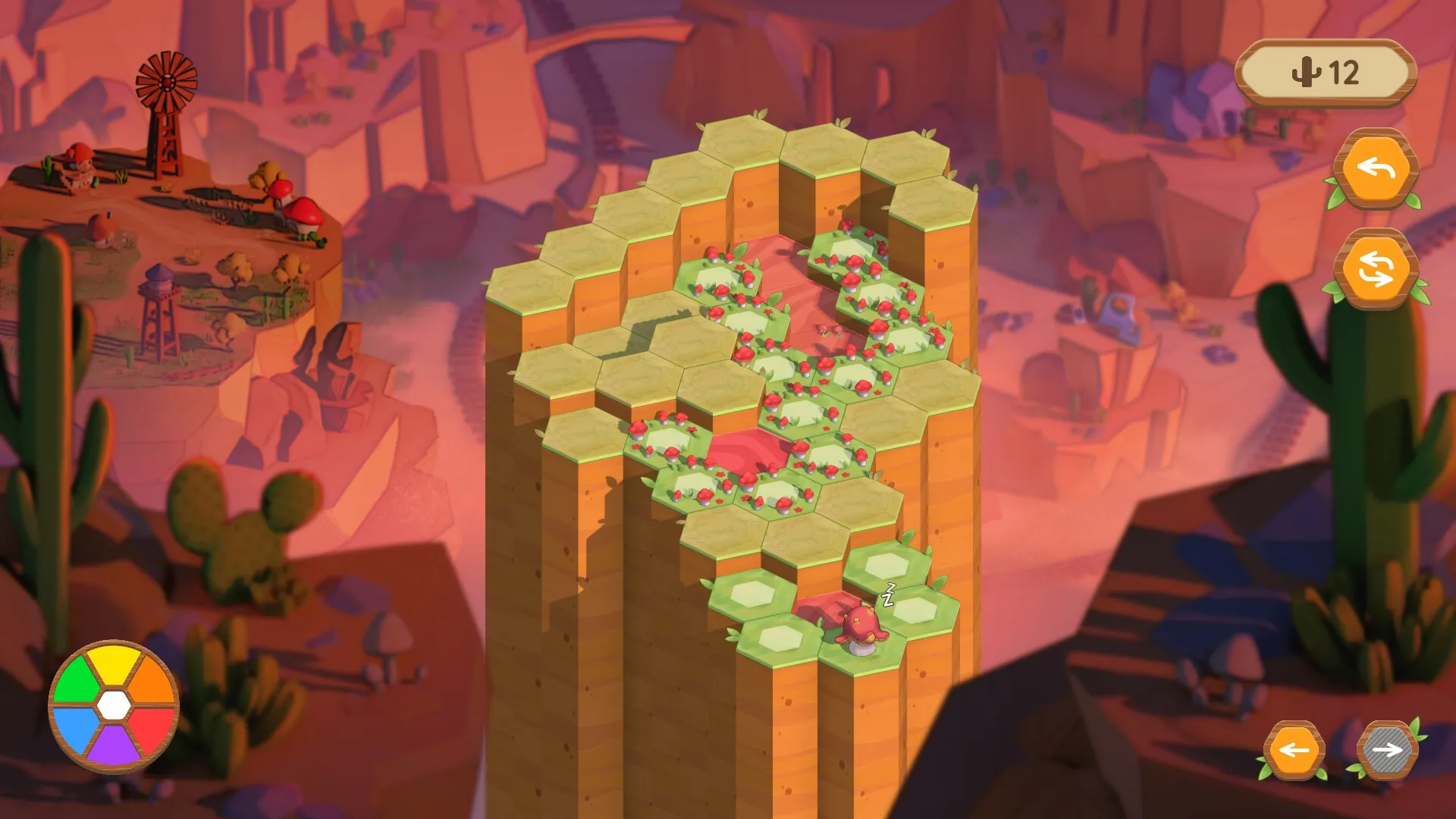 Shroomtopia: Hexagonal puzzle with mushrooms and cactus icon in colorful canyon landscape