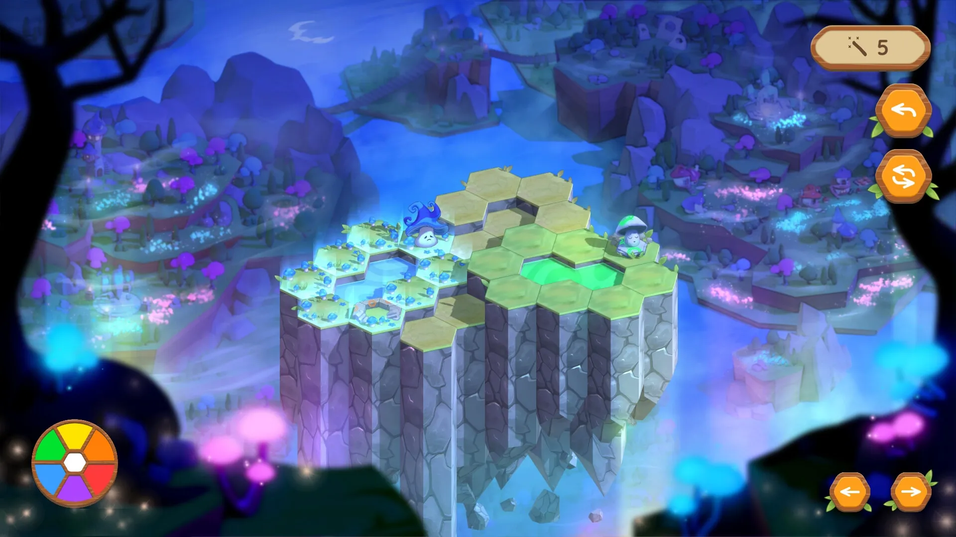 Shroomtopia: Puzzle with hexagonal tiles and mushroom characters in a whimsical, colorful landscape