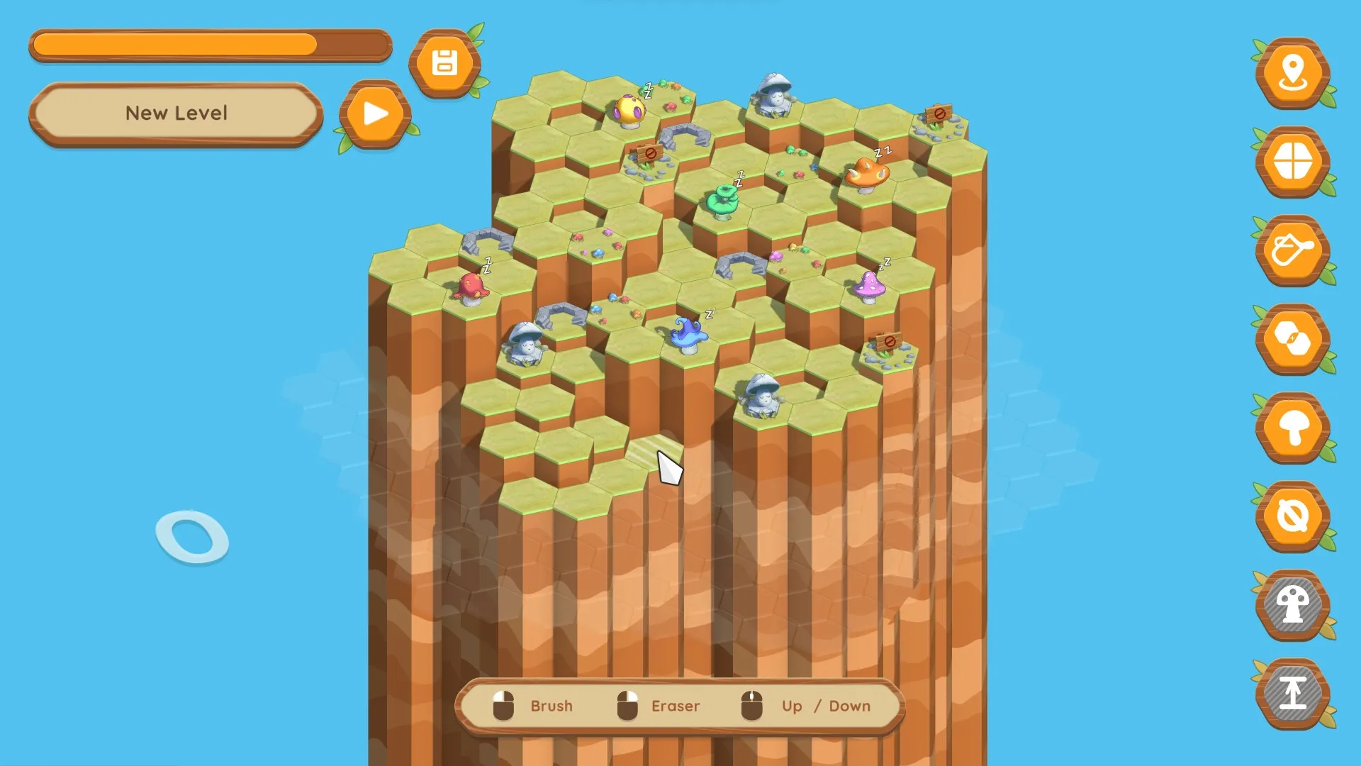 Shroomtopia: Hexagonal terrain with colorful creatures and tools menu in a bright, serene landscape