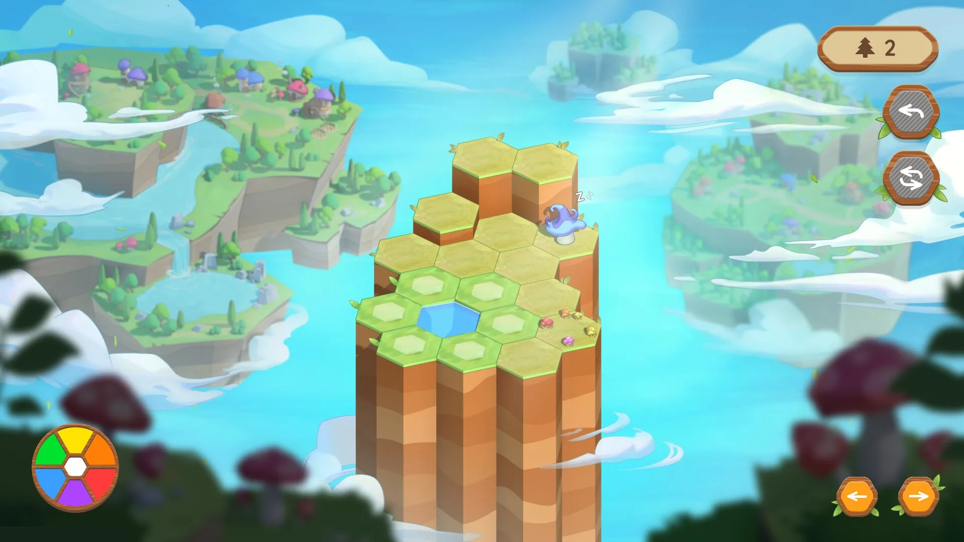 Shroomtopia: Hexagonal puzzle terrain with sleeping creature and floating islands in serene sky setting