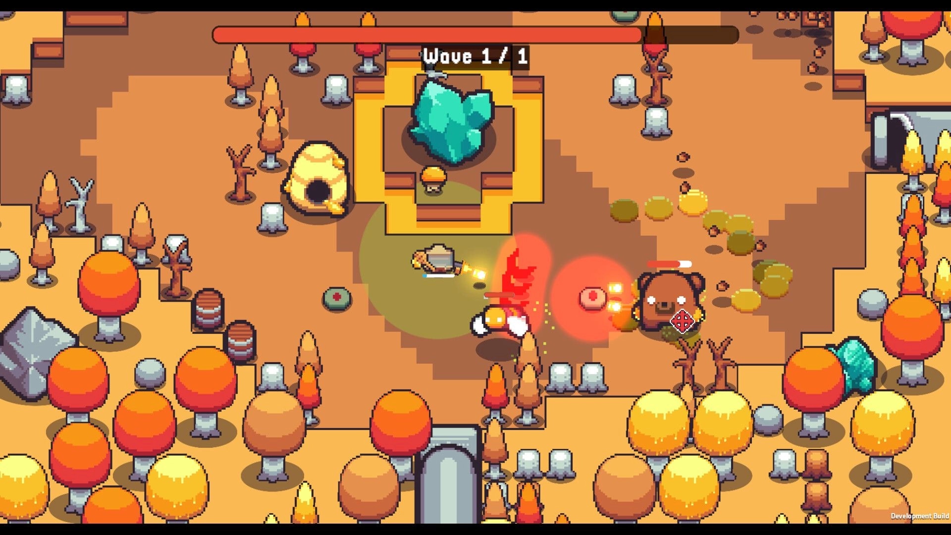 Shroomwood: Mushroom hero fires dual guns at a bear enemy near a crystal altar in autumn woods.