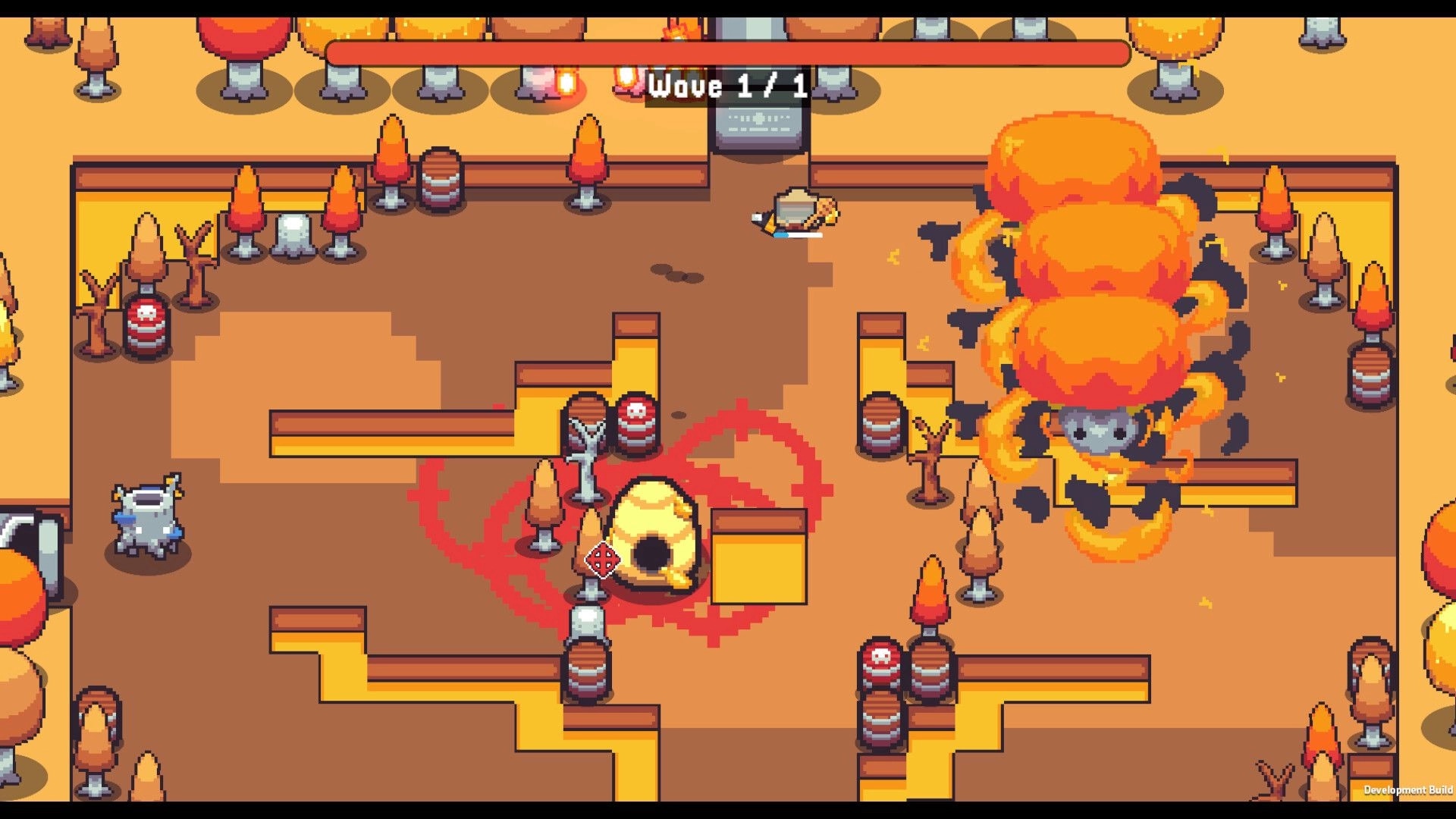 Shroomwood: Wave 1/1 arena with explosions and hazard barrels in a fenced autumn forest clearing.