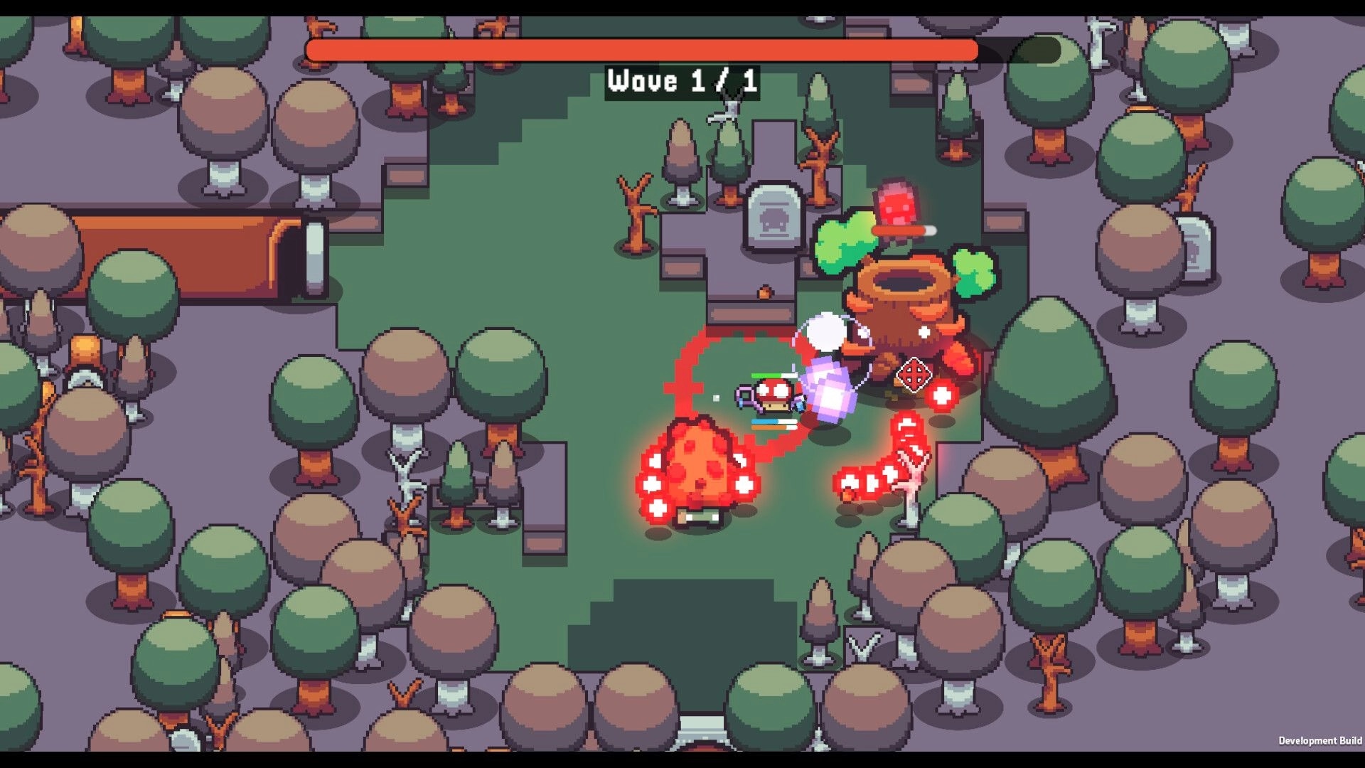Shroomwood: Mushroom hero fights glowing enemies near a stump boss in forest arena, Wave 1/1 UI bar.