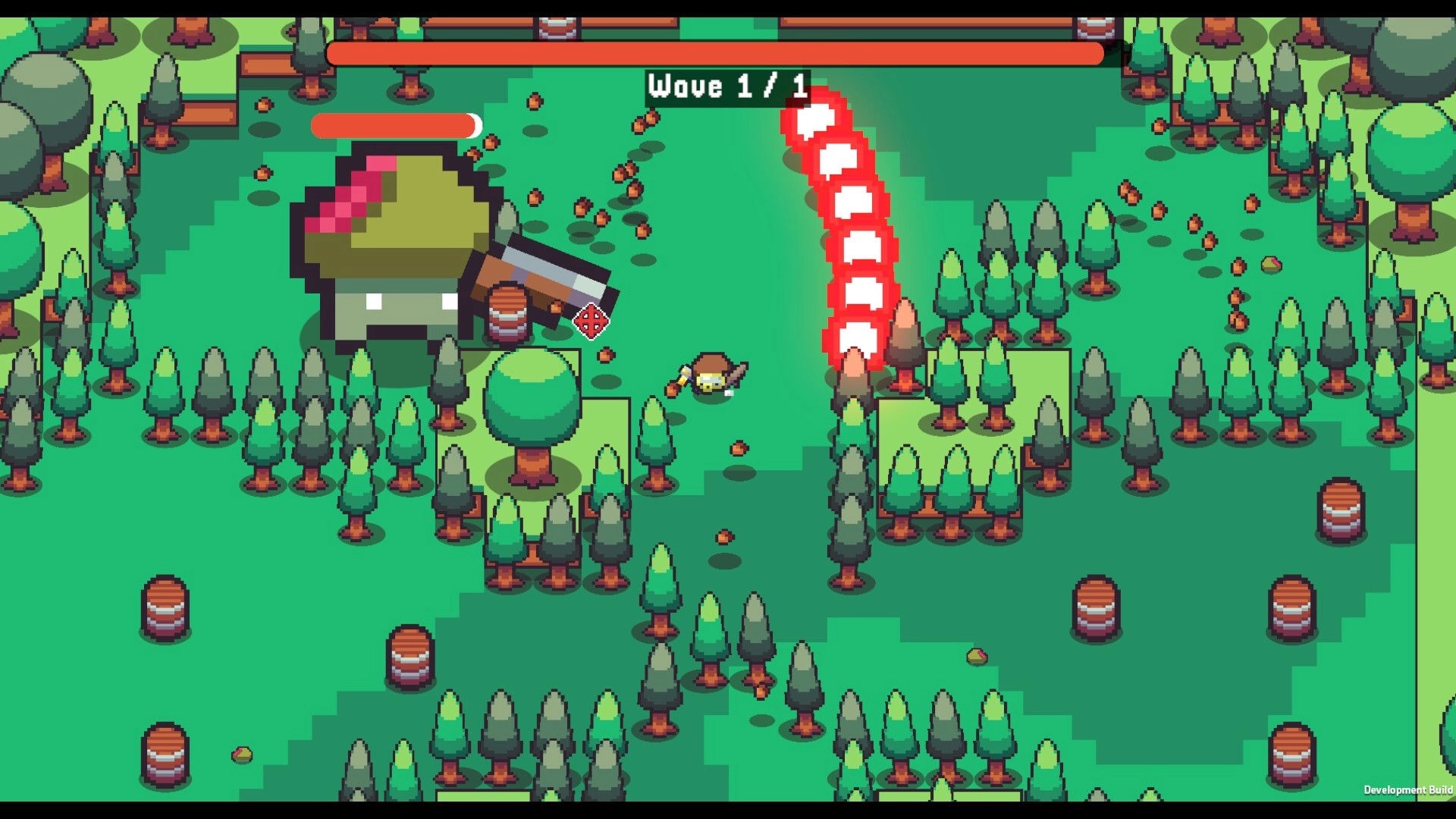 Shroomwood: Mushroom hero dodges red projectiles near a giant turret in a forest arena, Wave 1/1 UI.