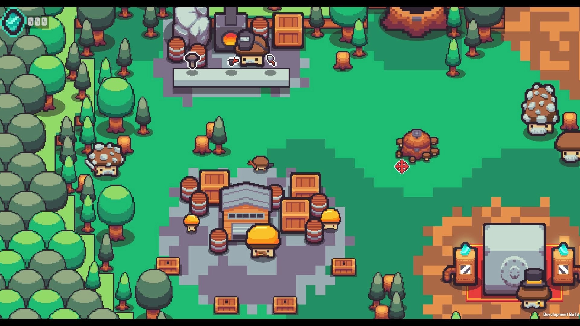 Shroomwood: Mushroom hero explores a forest camp with crates, barrels, forge, and a portal platform.