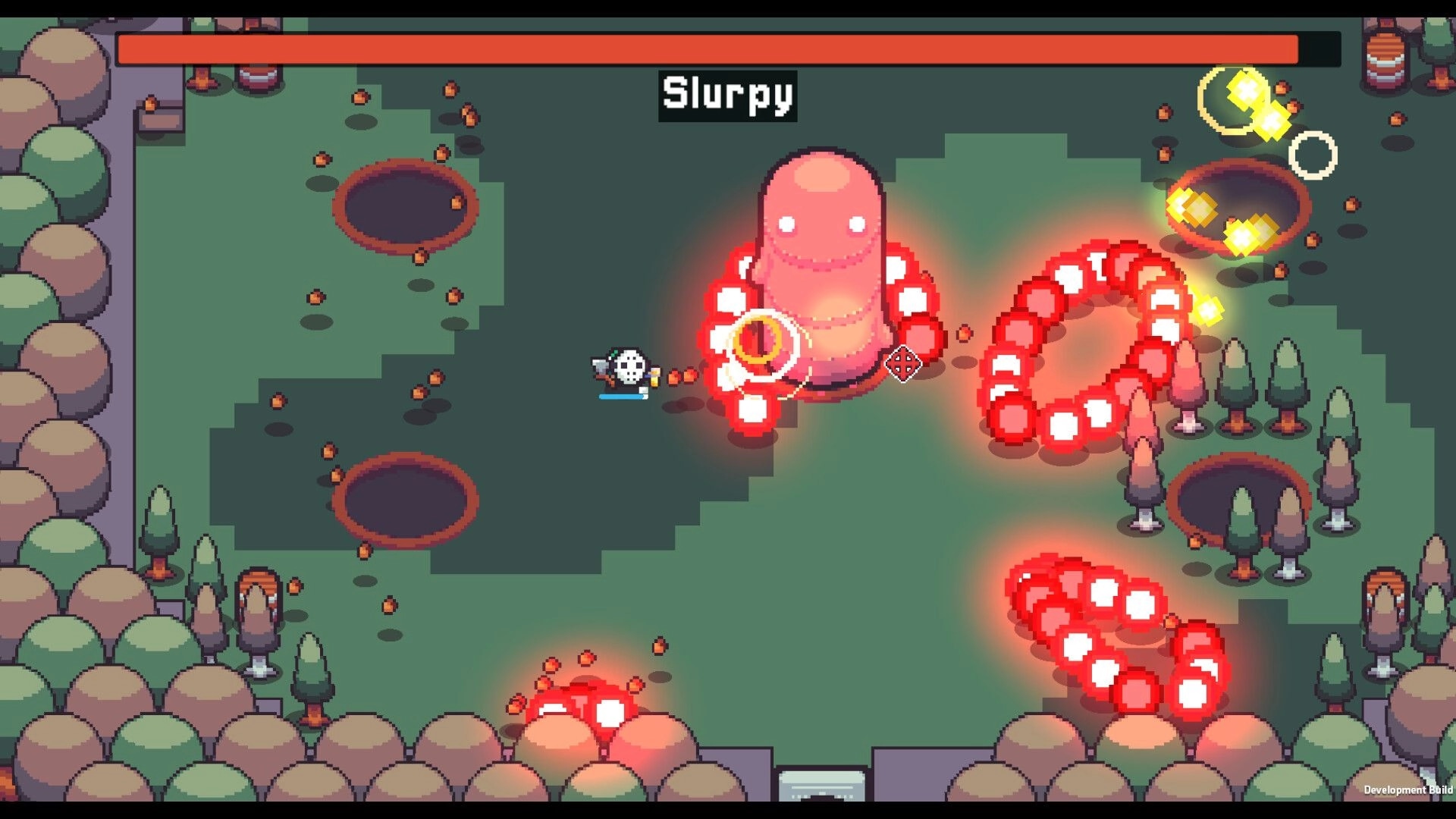 Shroomwood: Boss fight vs Slurpy, dodging red bullet rings in a forest arena with ponds and trees.
