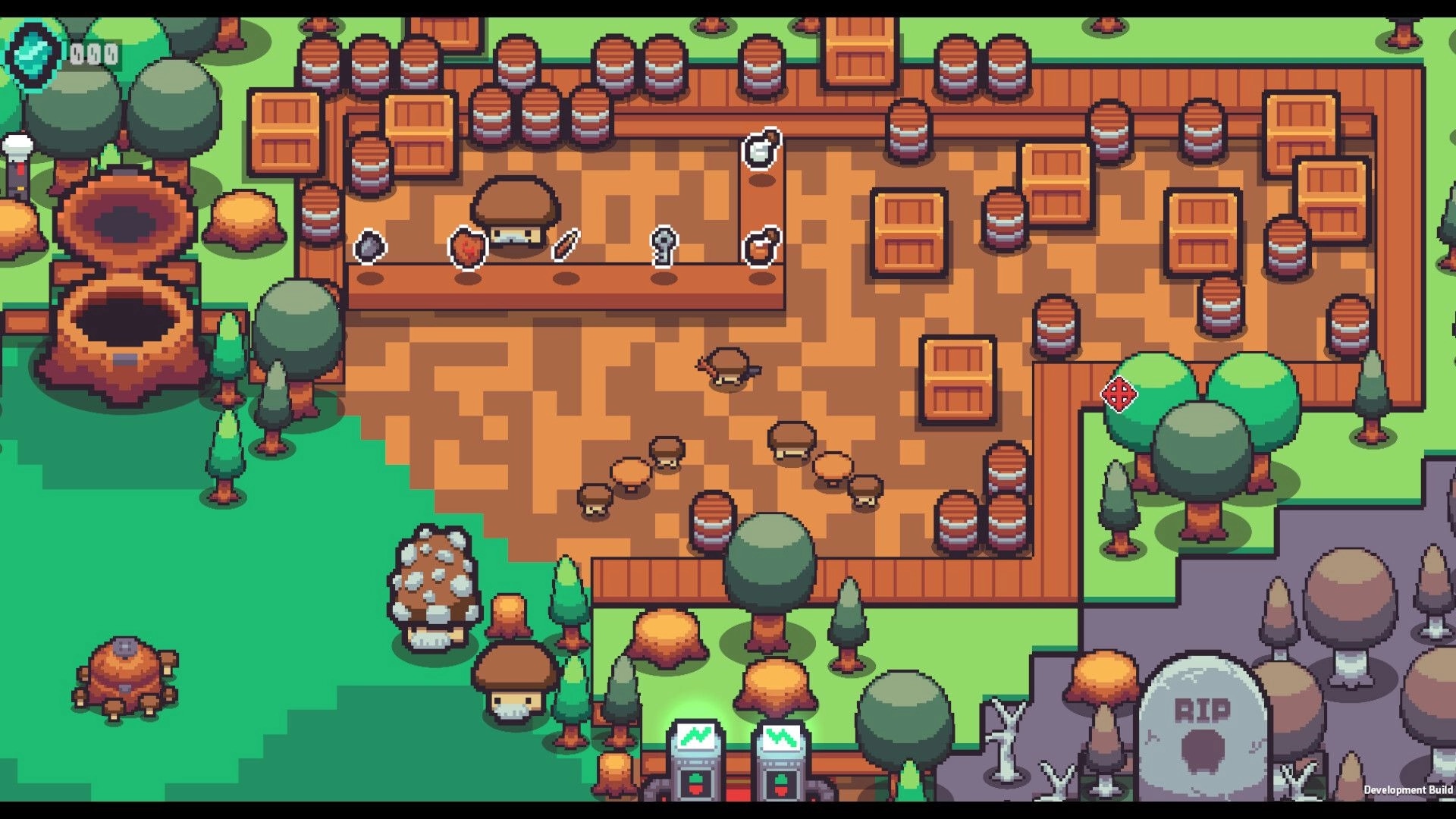 Shroomwood: Mushroom hero explores a crate-filled tavern yard with barrels, trees, and graveyard edge.