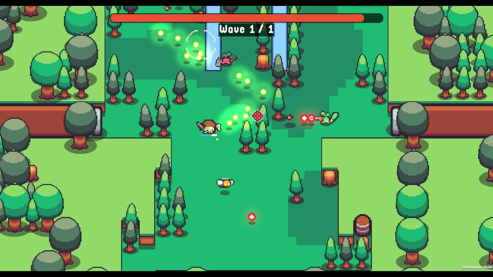 Shroomwood: Top-down shooter combat with crosshair and Wave 1/1 bar in a forest clearing by rivers.