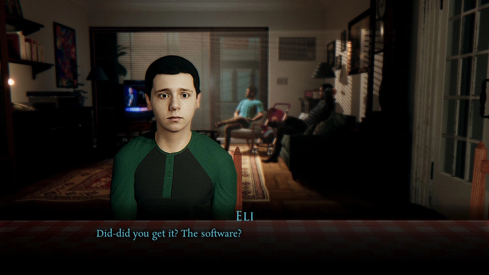Shutter Story: Dialogue scene with Eli in foreground, subtitles over a dim living room with family seated.