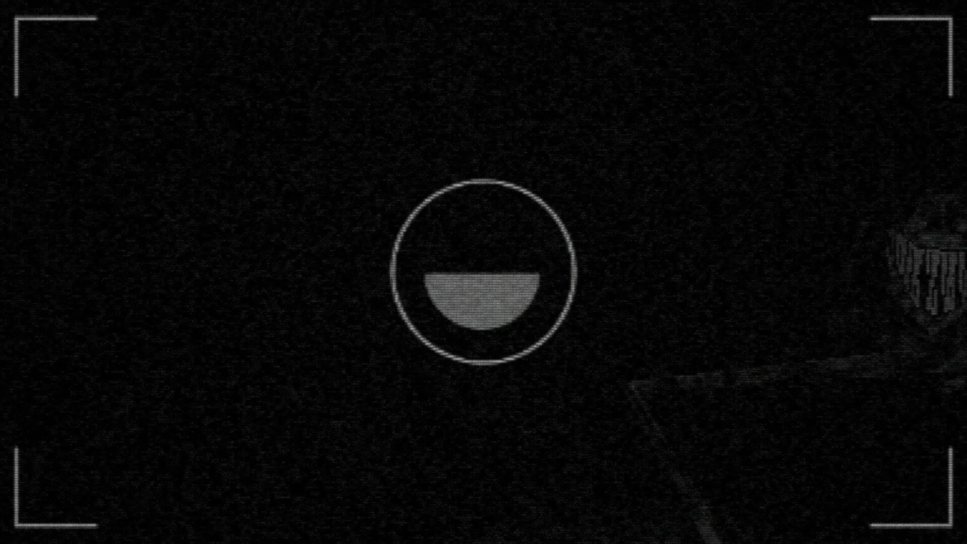 Shuttered: Camera viewfinder with monster lurking in darkness, central focus indicator in a dim setting.