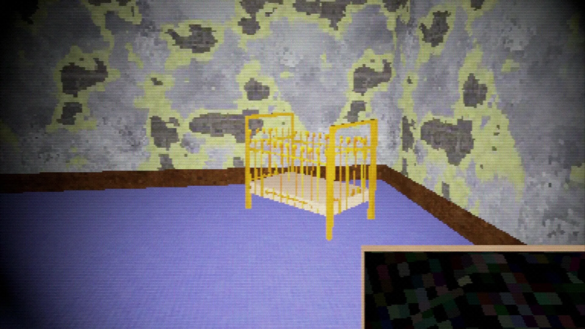 Shuttered: Empty yellow crib in a creepy, moldy room with dim lighting and pixelated graphics