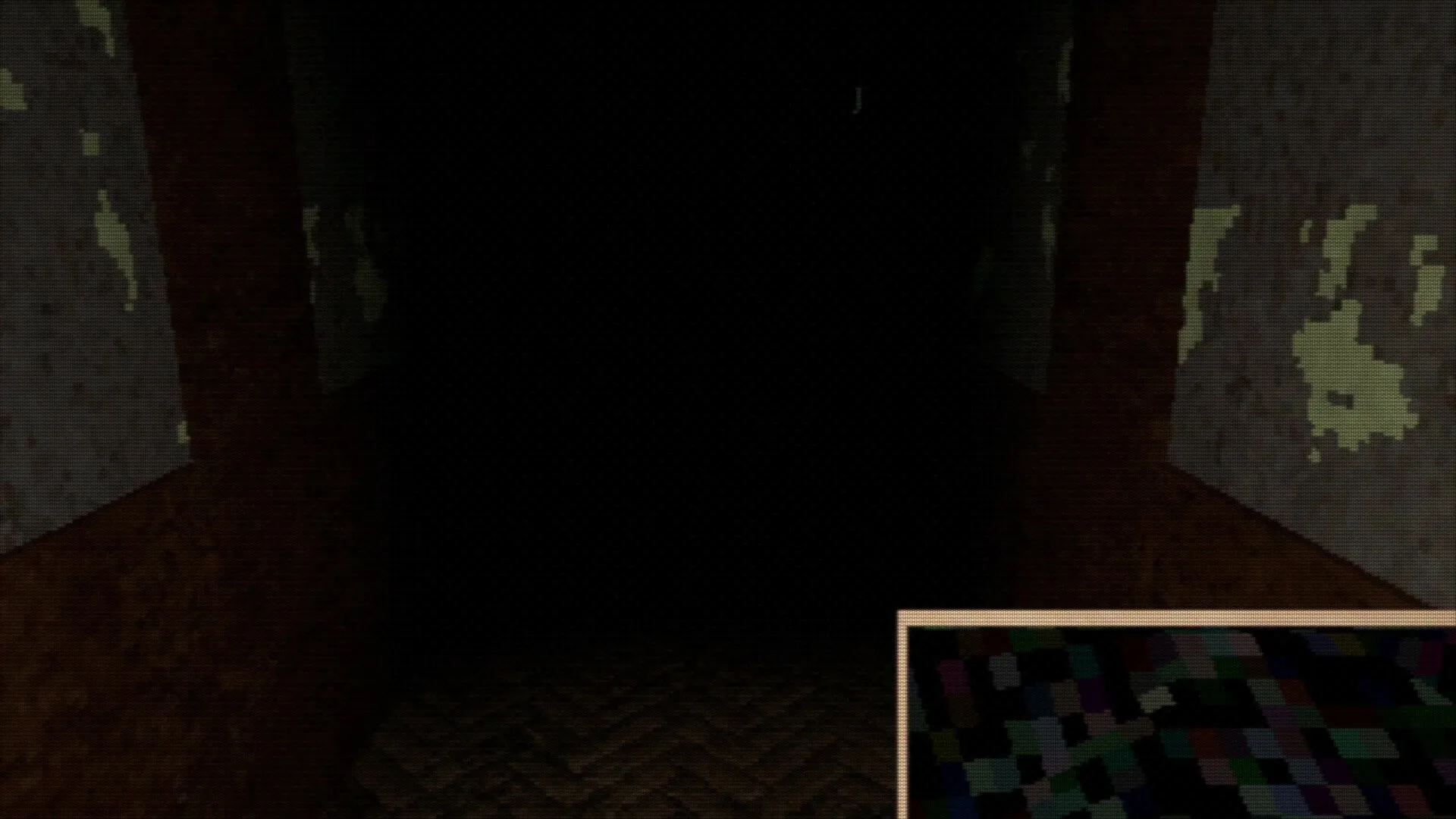 Shuttered: Dark hallway with peeling walls, camera flash illuminating pixelated floor map in corner