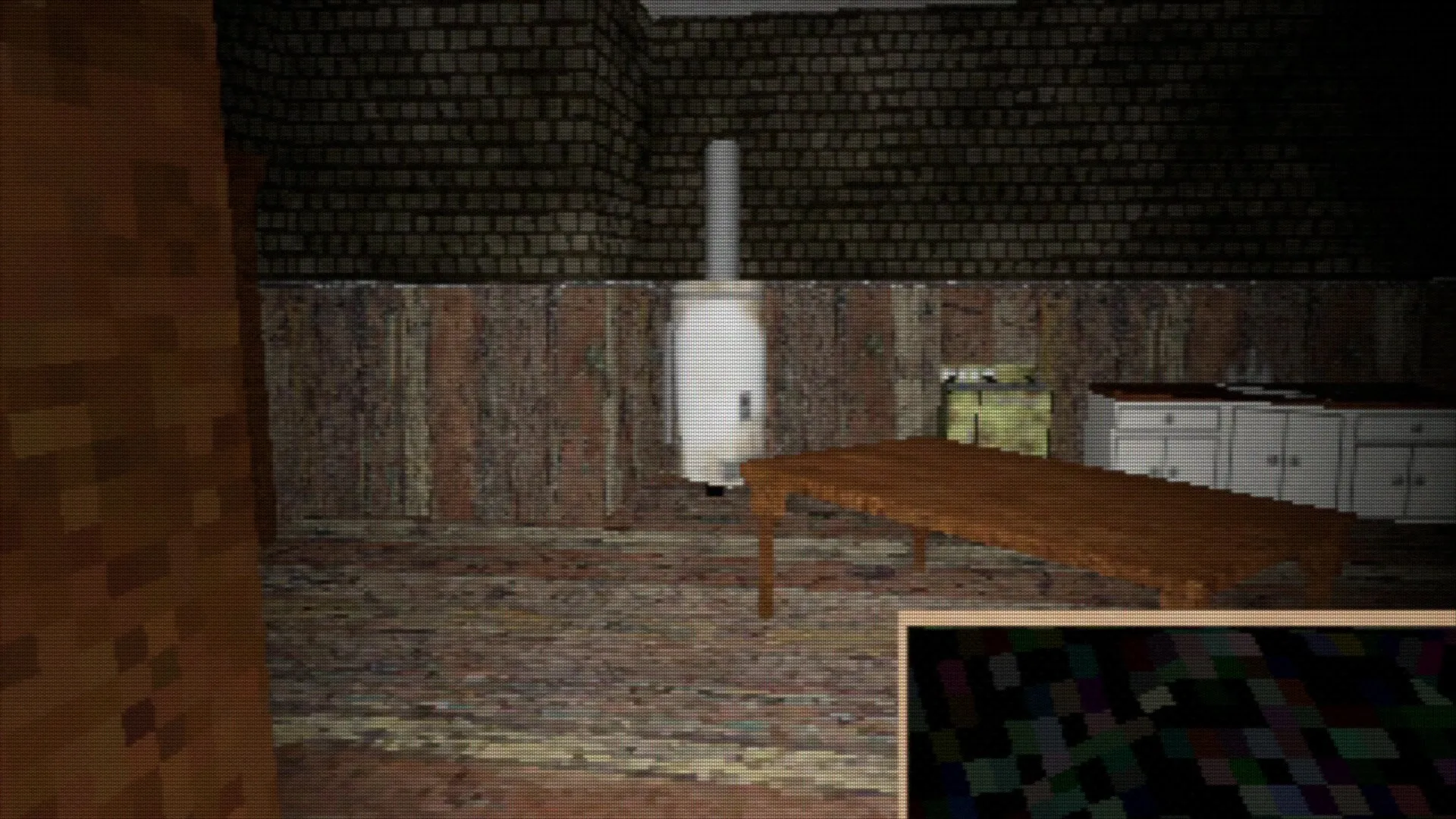 Shuttered: Dimly lit room with a long wooden table, cabinets, and a white appliance in pixelated style.