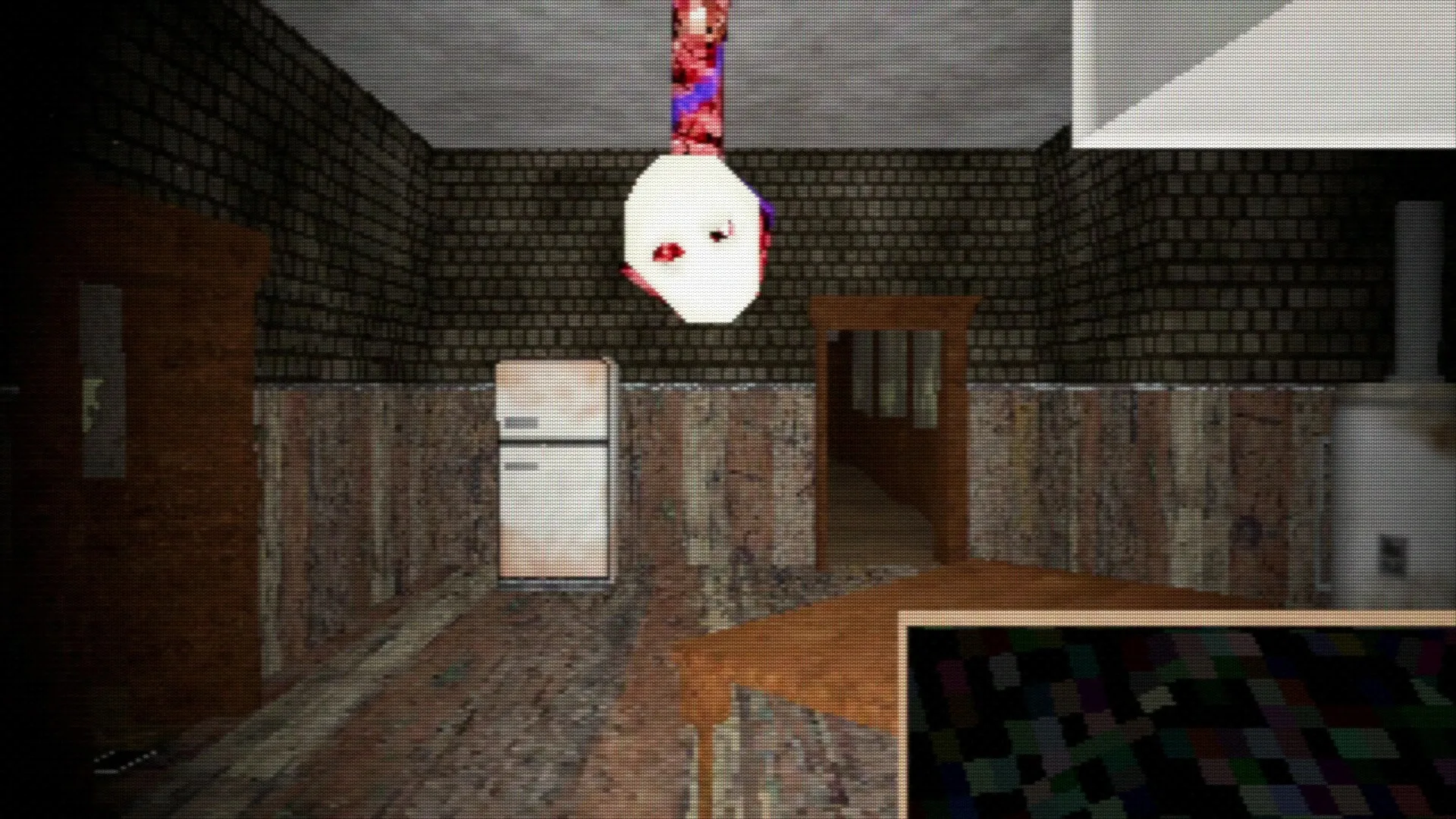 Shuttered: Floating mask-like creature in dimly lit kitchen with fridge and dark corridor visible