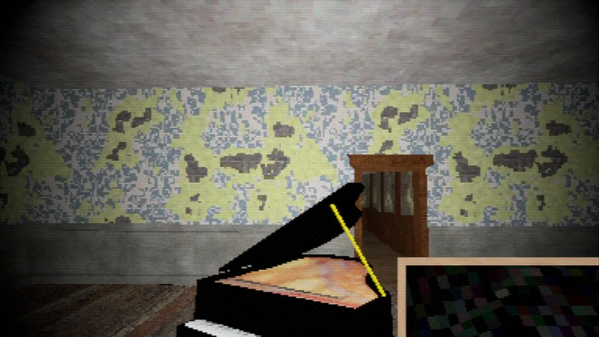Shuttered: Open piano with colorful wallpaper background in dimly lit room