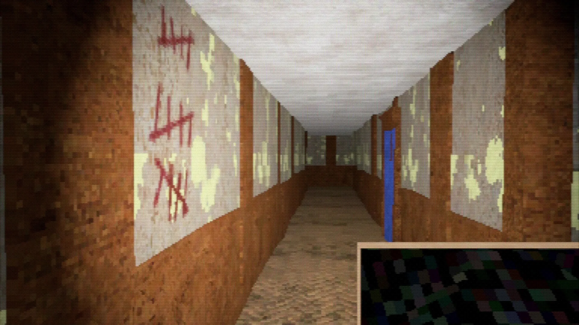 Shuttered: First-person view of dim hallway with tally marks on walls and a blue door at the end