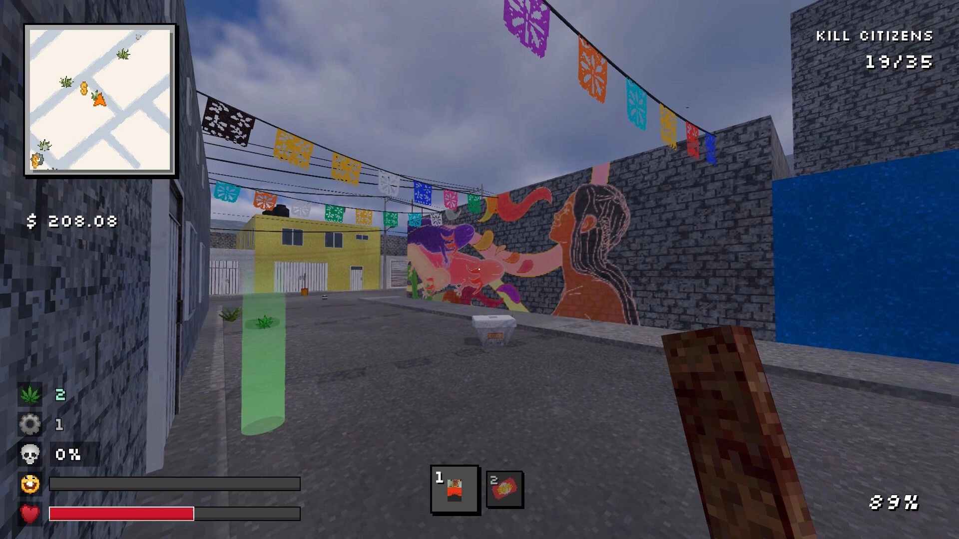 Sí Jefe: First-person alley with mural and papel picado, minimap and kill counter UI visible.