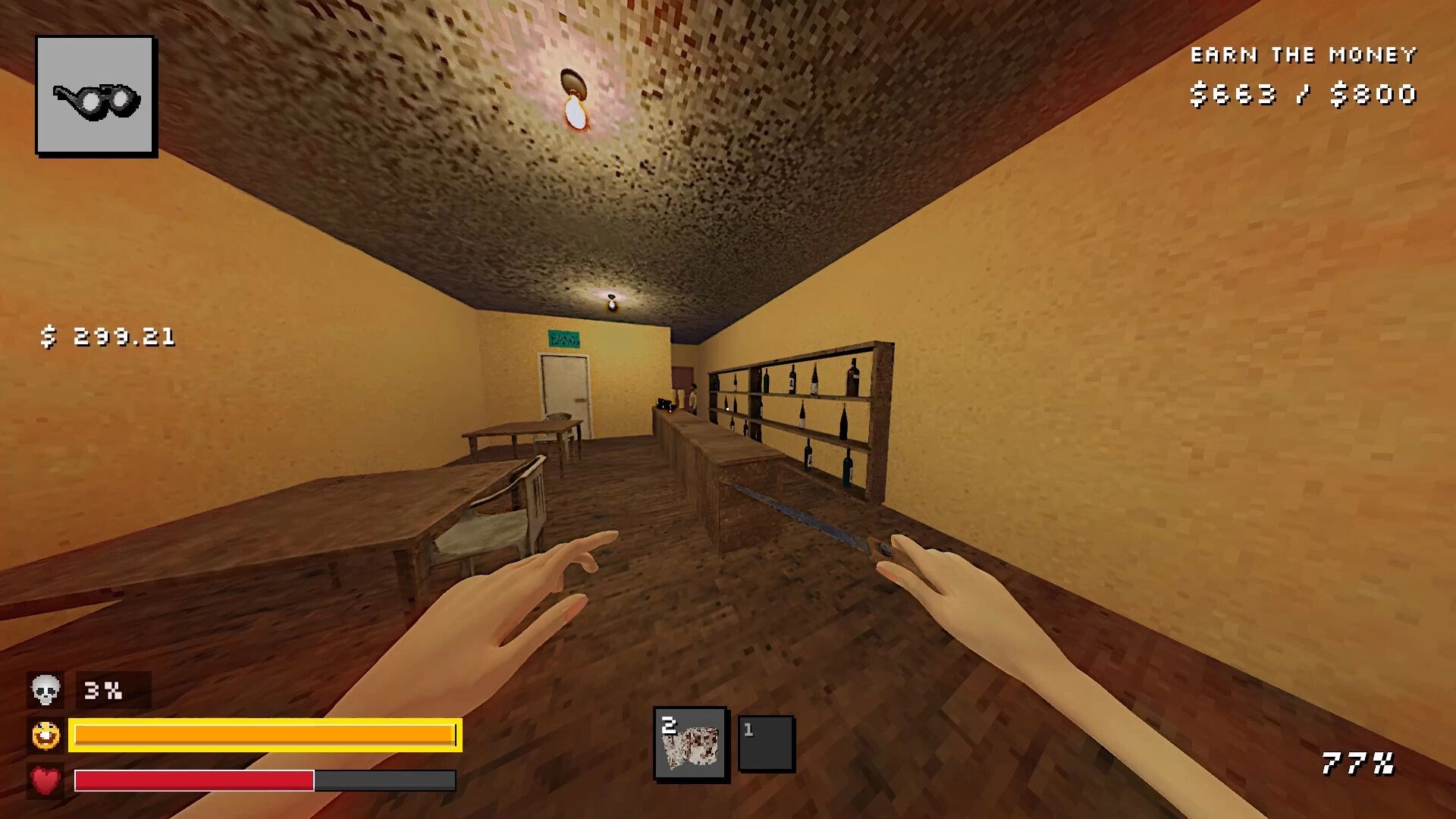 Sí Jefe: First-person view holding a knife in a bar room with bottle shelves and money HUD goal.