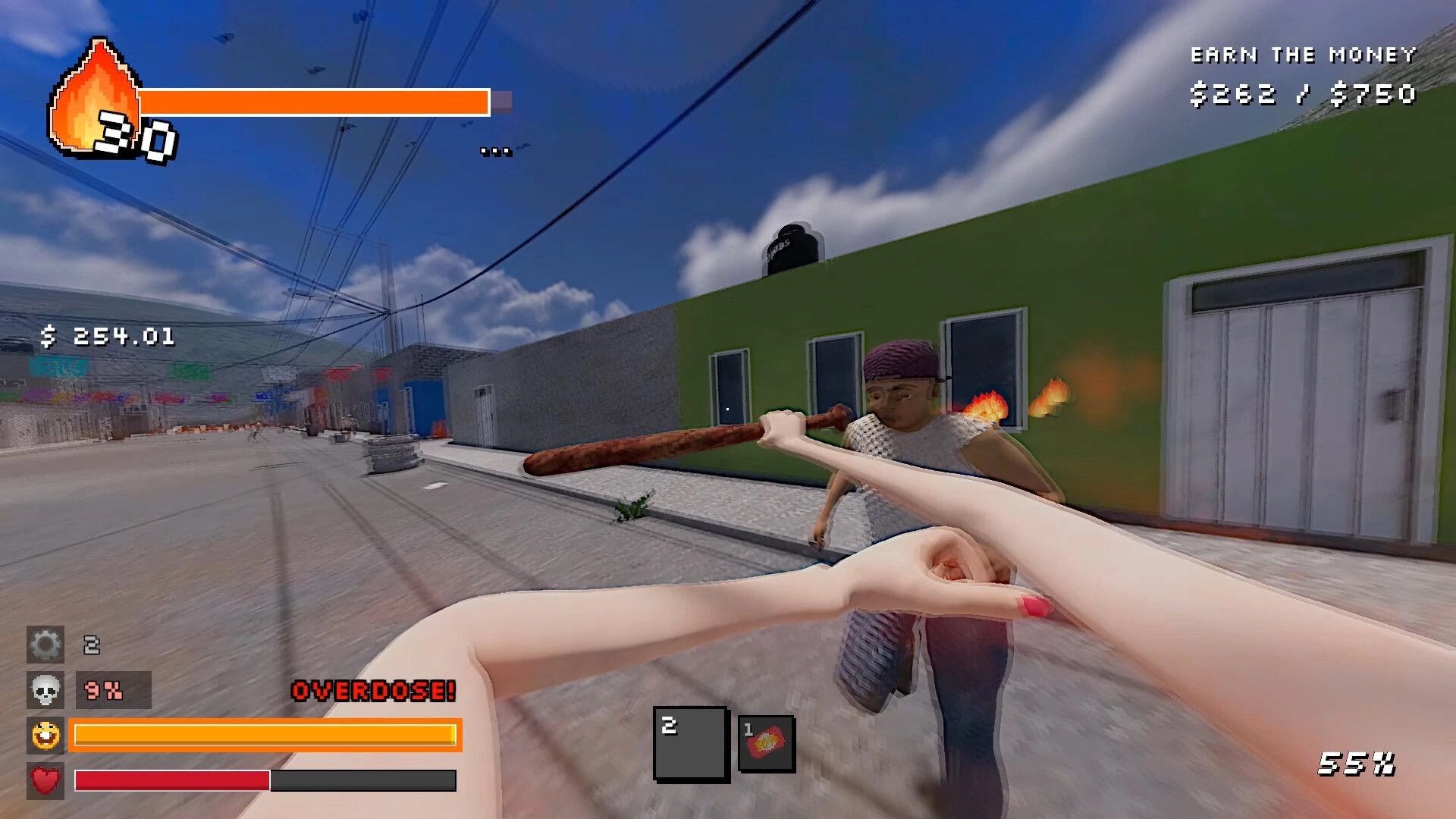 Sí Jefe: First-person melee attack on street thug by green house, OVERDOSE warning and cash goal UI.