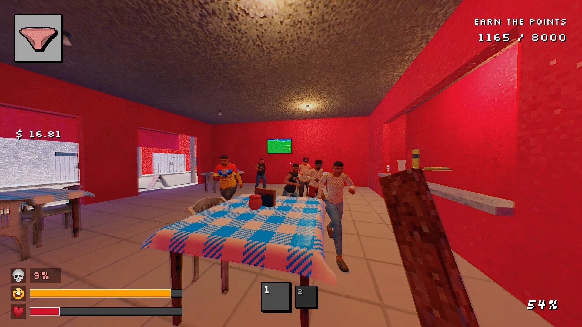 Sí Jefe: First-person brawl in red diner, player swings bat at rushing NPCs, points UI visible.