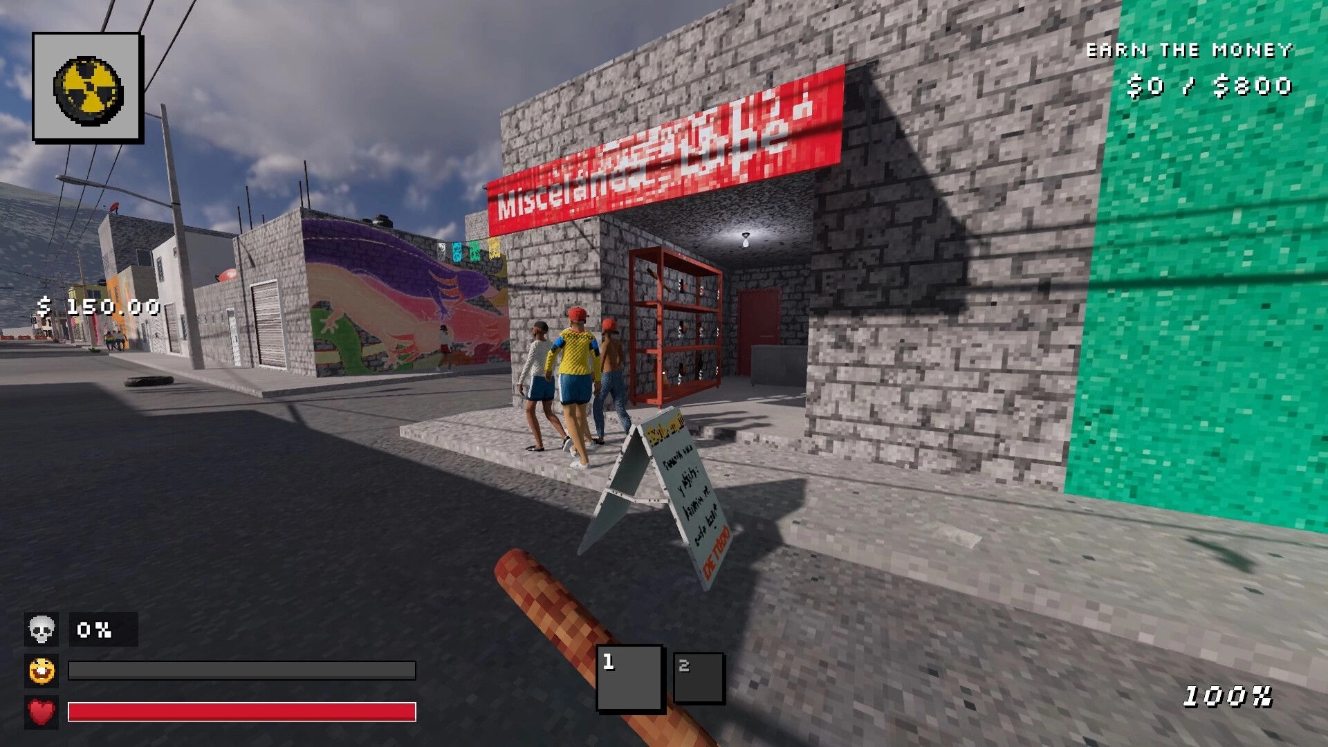 Sí Jefe: First-person view outside a shop as NPCs enter, mission cash goal HUD and health bars visible.
