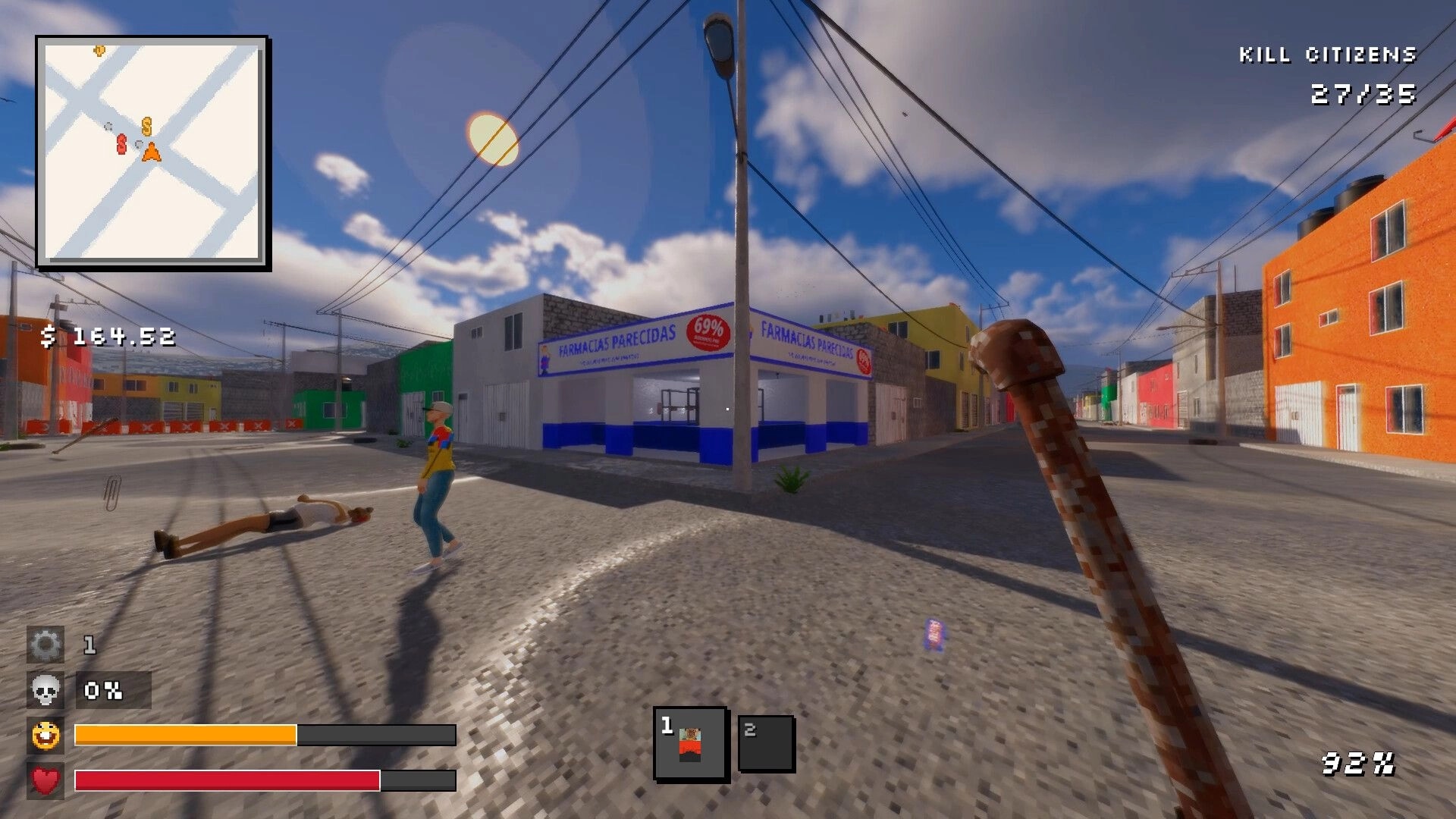 Sí Jefe: First-person street fight with baton, minimap and kill counter outside a pharmacy corner.