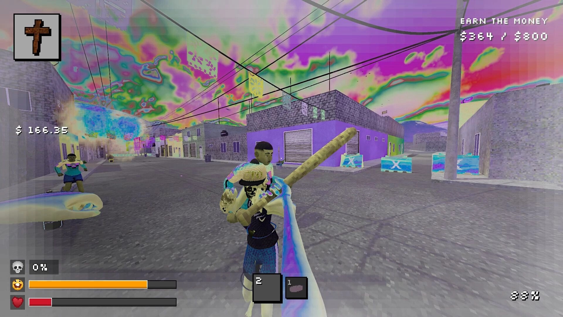 Sí Jefe: First-person melee fight with a bat wielding enemy on a street under psychedelic sky HUD.