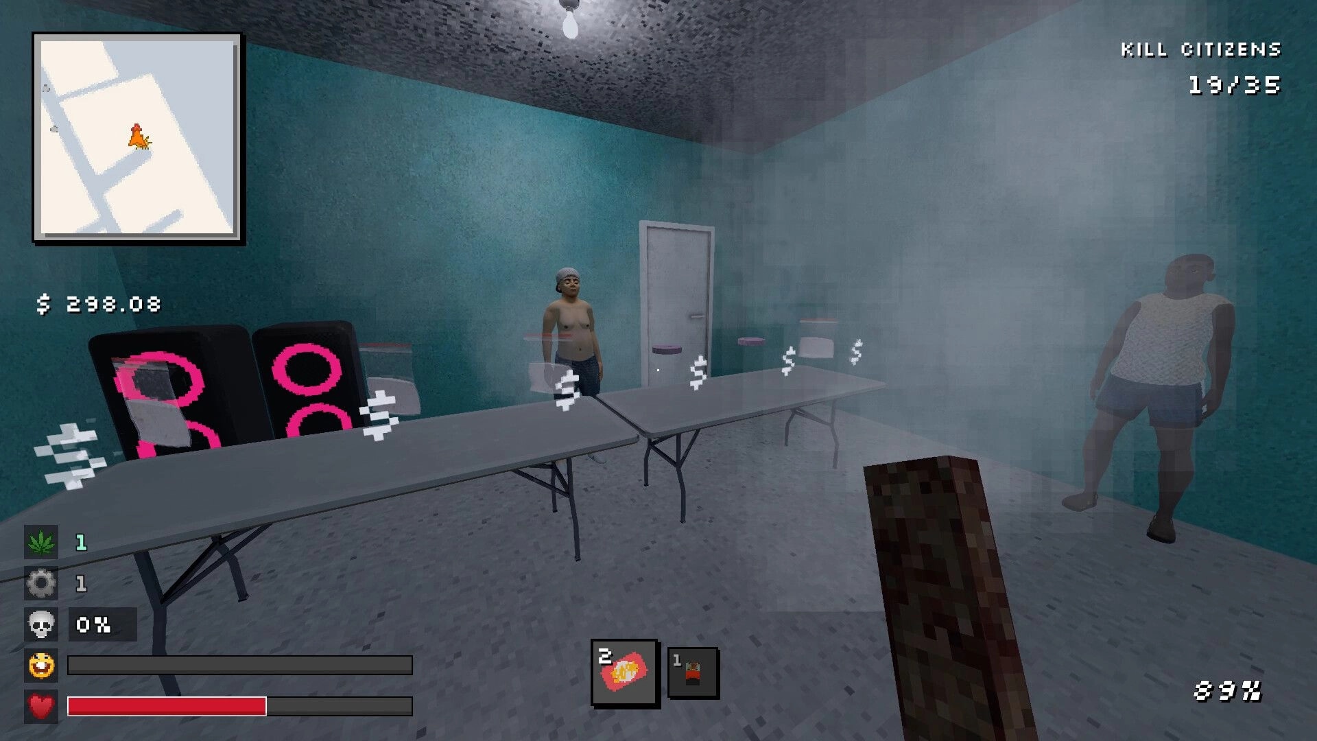 Sí Jefe: First-person room with tables and NPCs, minimap and Kill Citizens 19/35 objective UI.