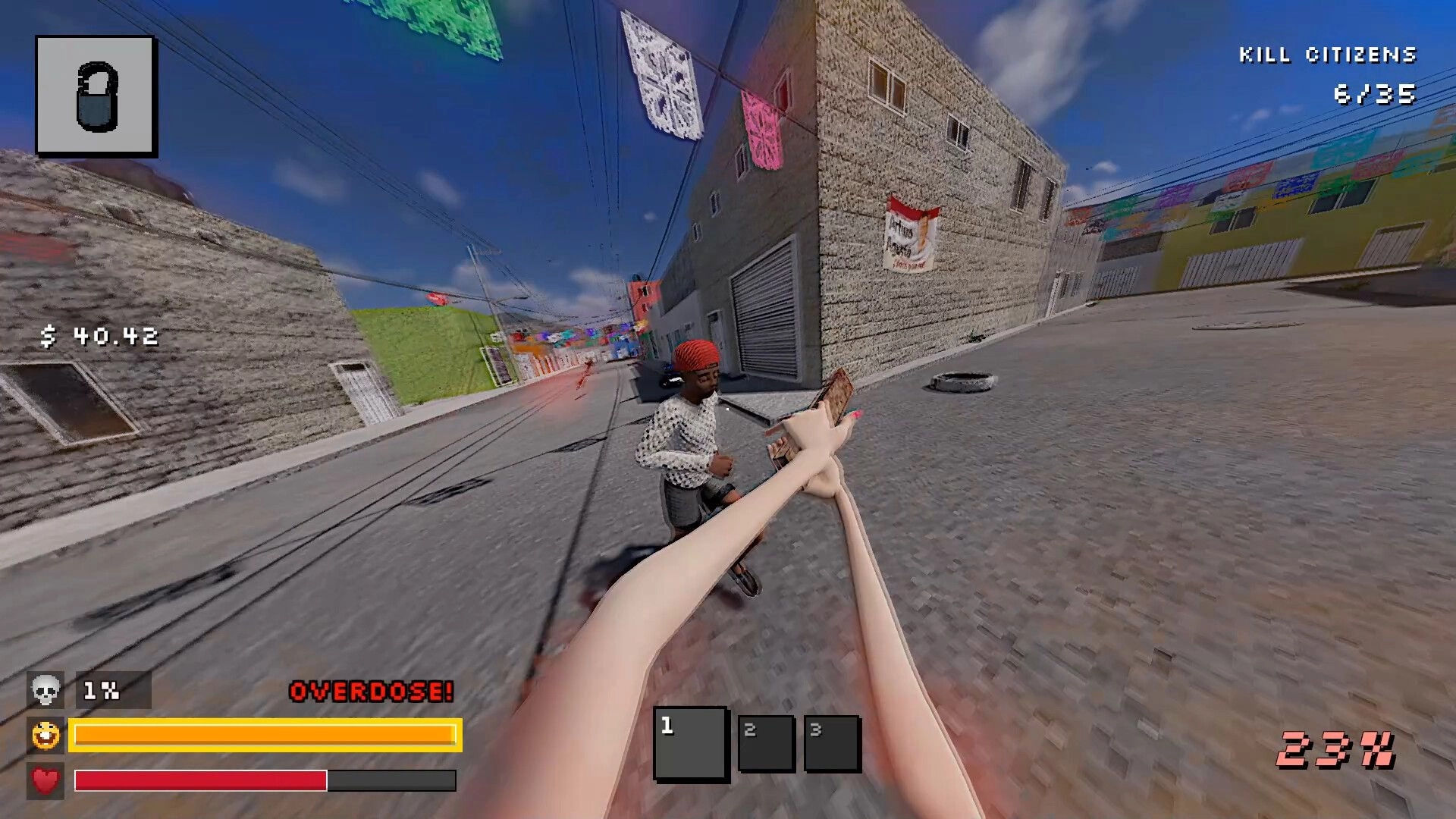 Sí Jefe: First-person melee attack on a man in street; mission counter and OVERDOSE warning UI.