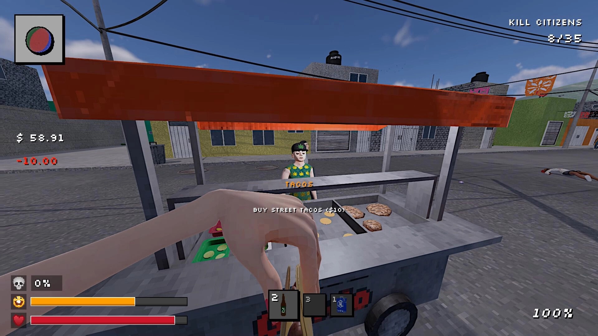 Sí Jefe: Buying street tacos at a food cart, mission counter and cash UI on a sunny street.