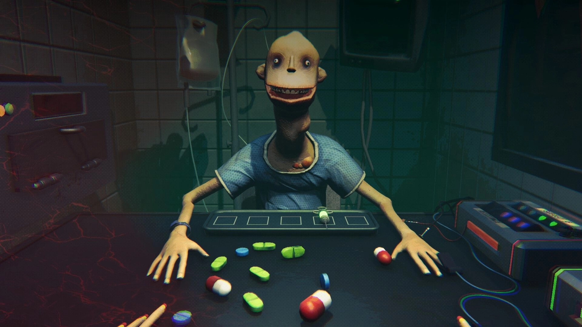 SIDE EFFECTS: Character in hospital gown at table with colorful pills, in a dimly lit medical room.