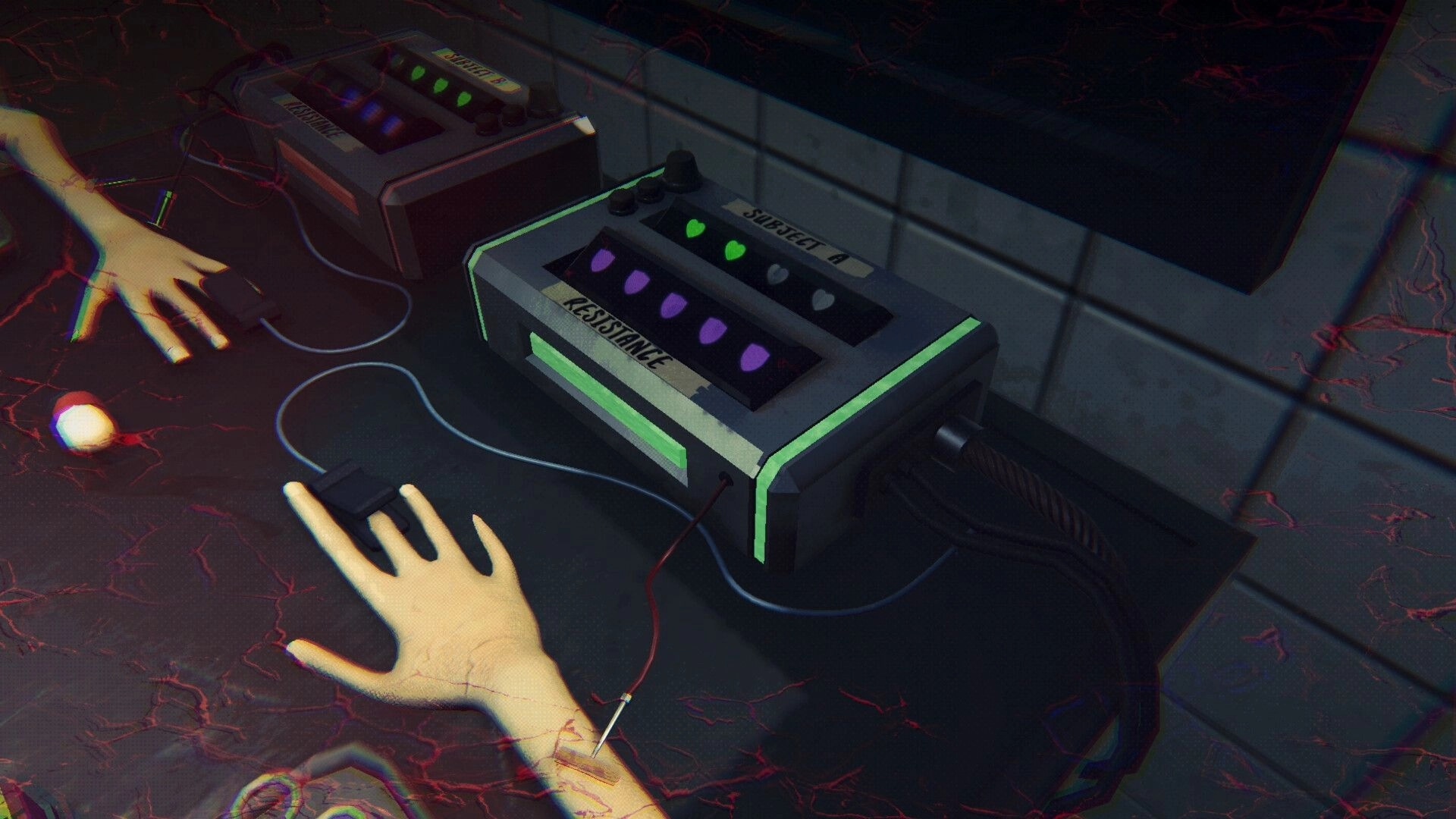 SIDE EFFECTS: Two hands wired to medical devices labeled Subject A and Resistance in a dimly lit lab setting.