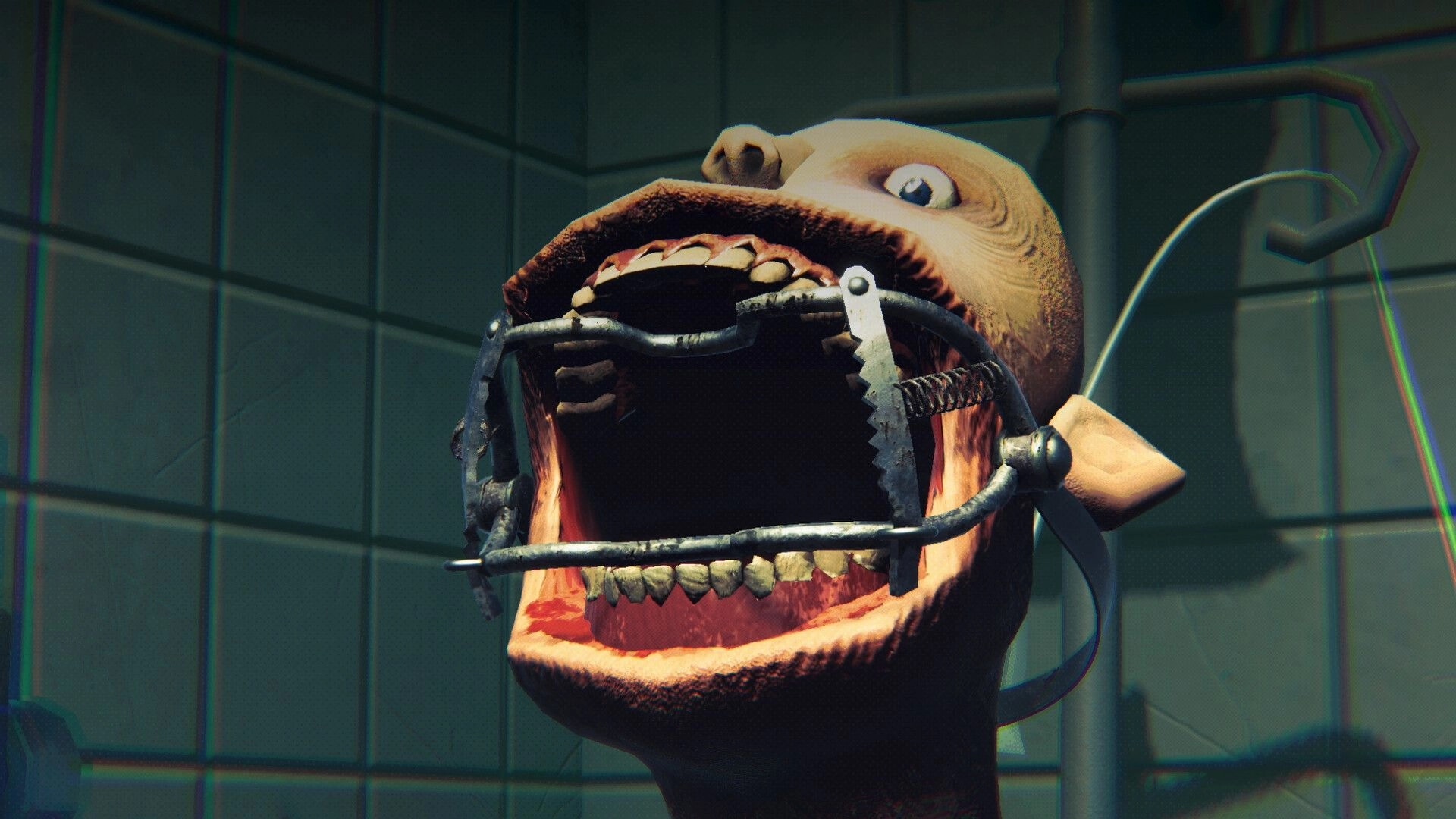 SIDE EFFECTS: Distorted mannequin with open mouth restraint in a tiled, dimly lit medical room