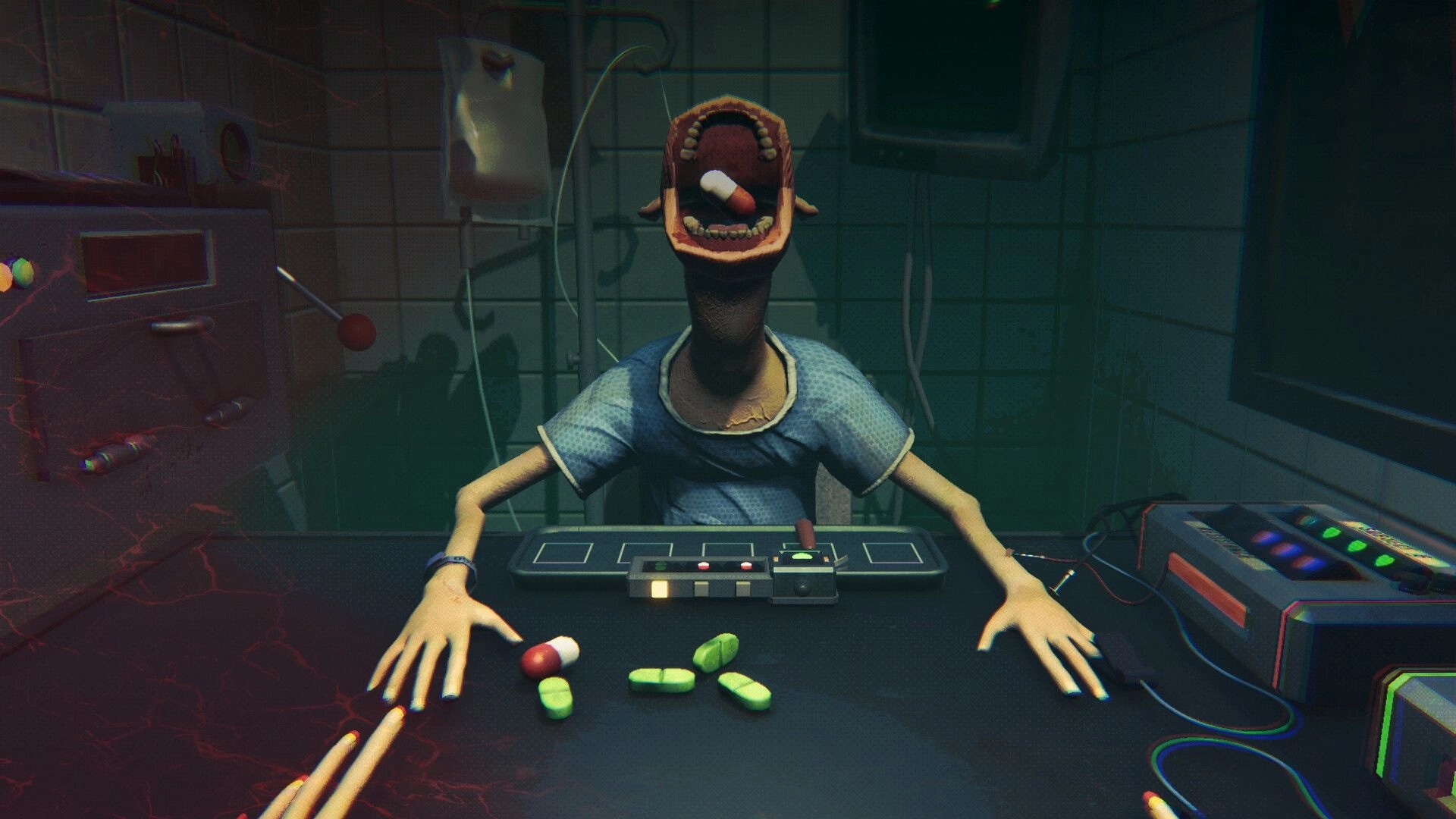 SIDE EFFECTS: Test subject swallowing pill at a dark table with scattered capsules in a clinical setting