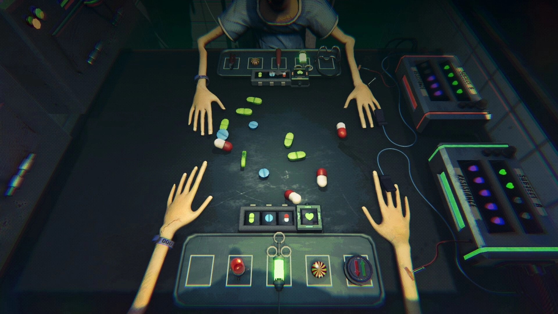 SIDE EFFECTS: Two players' hands on a table with pills and control panels in a dimly lit laboratory.