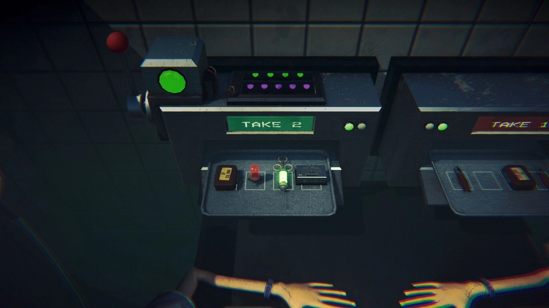 SIDE EFFECTS: Hands reach for a tray with a syringe, pill, and vial in a dimly lit lab setting.