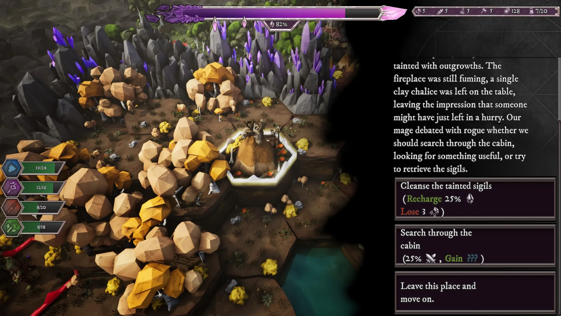 Sigilfarer: Exploring rocky terrain with decision menu and character health bars on the left side