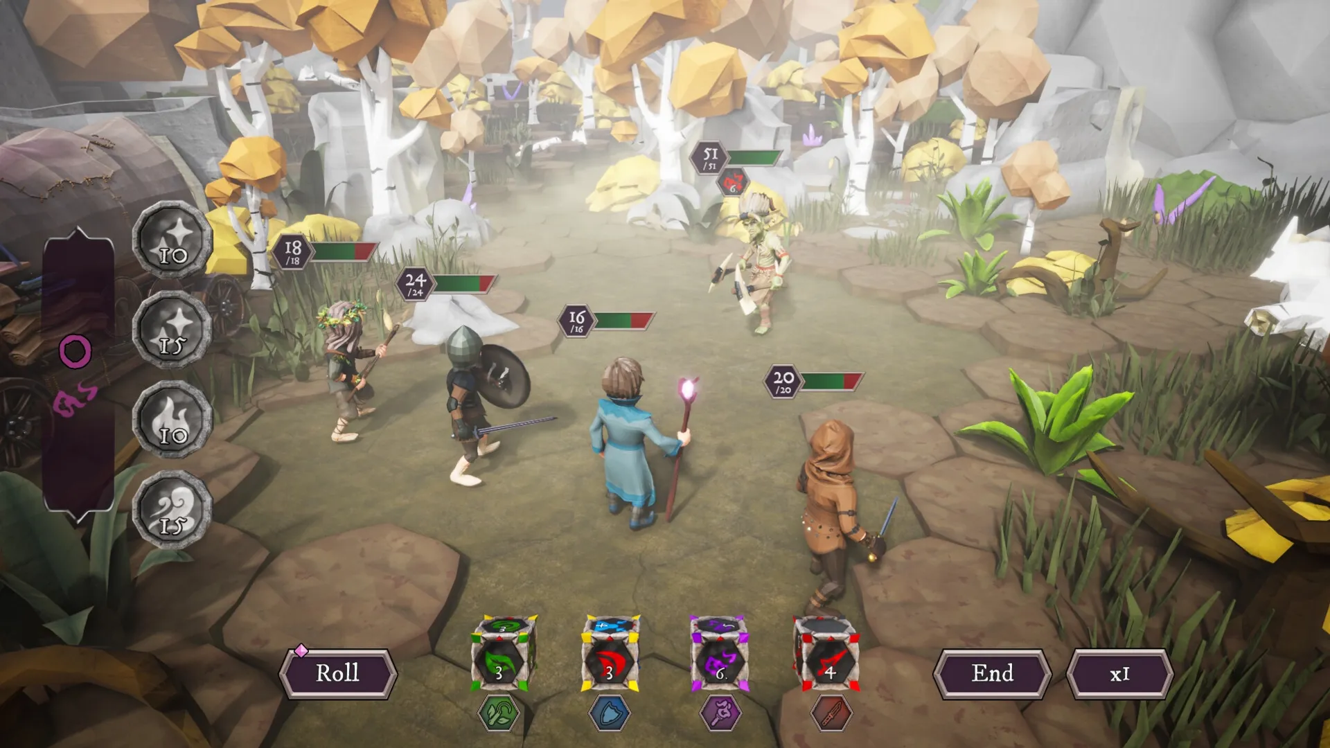 Sigilfarer: Turn-based battle in forest clearing with four heroes facing a goblin, dice options visible