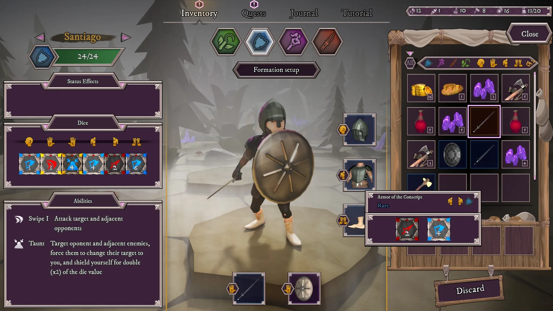 Sigilfarer: Santiago in gear menu with dice stats, abilities, and inventory in forest setting