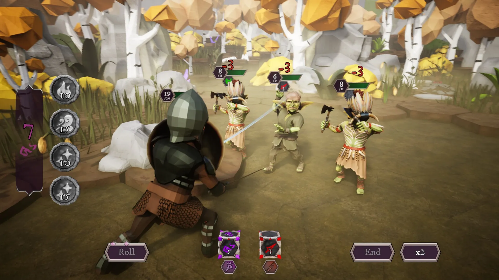 Sigilfarer: Player character battles three goblin foes in a colorful forest with dice and action menus.