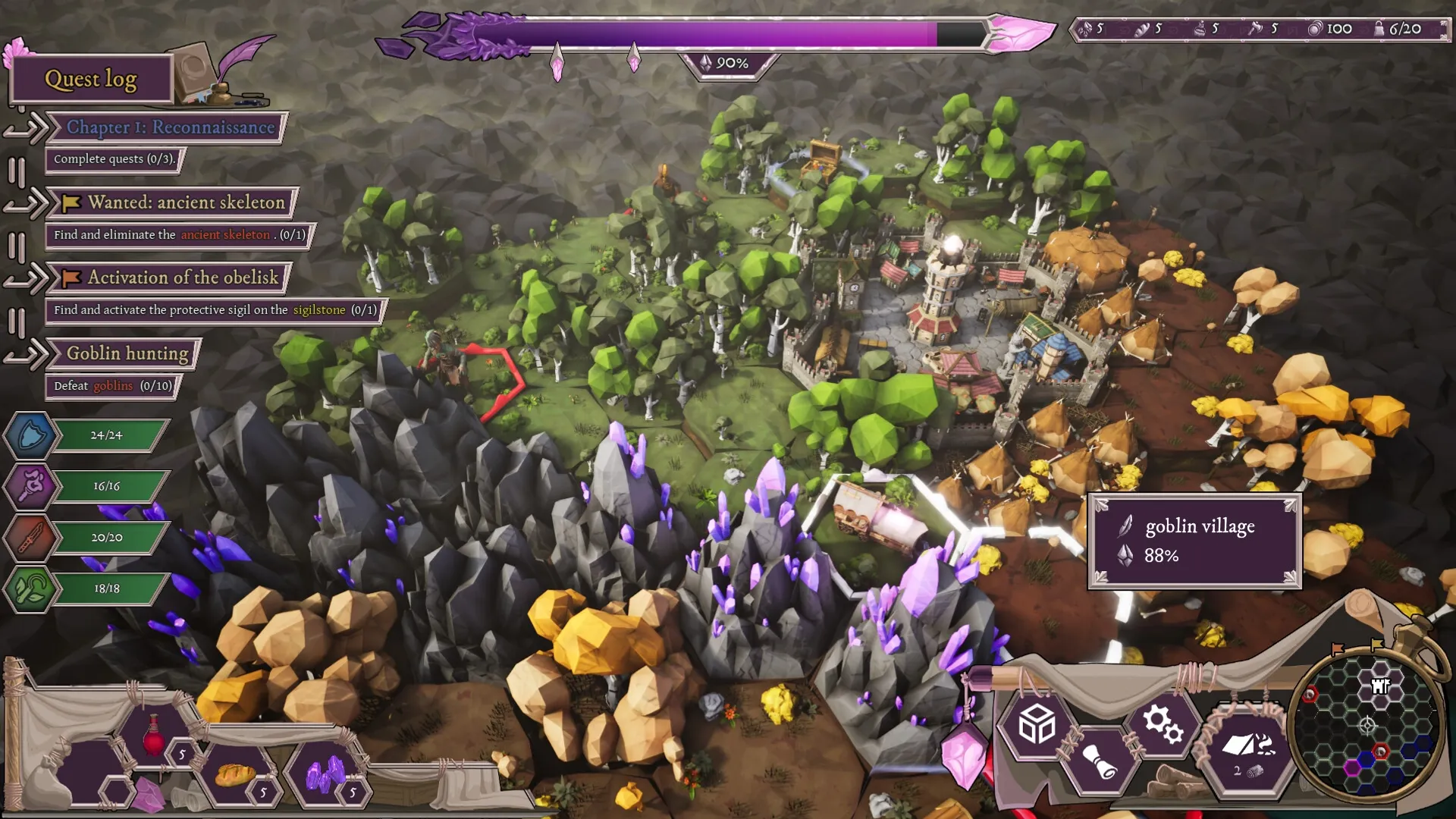 Sigilfarer: Overhead map view with quest log, resources, and goblin village progress in lush landscape