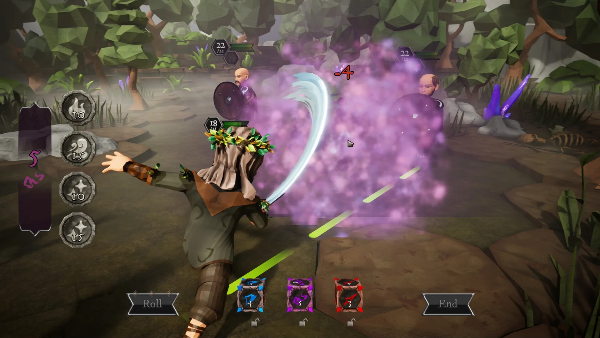 Sigilfarer: Character casting a spell in forest, targeting enemies with visible health bars and dice UI