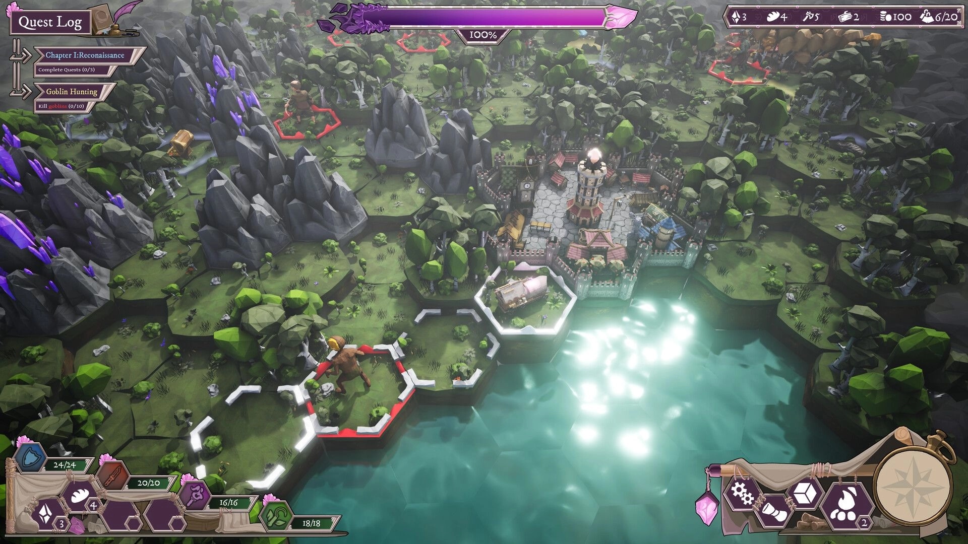 Sigilfarer: Overhead view of hexagonal map with quest log and player resources by a shimmering lake.