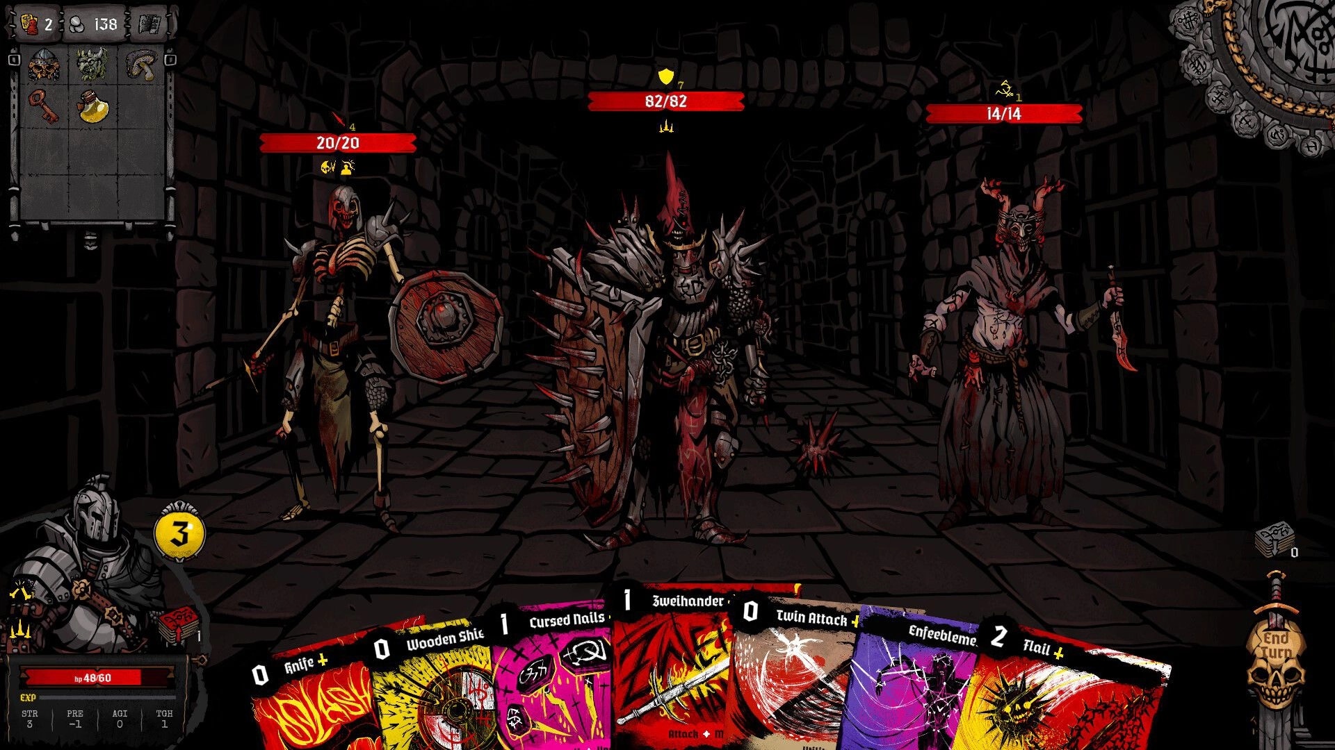 Sigils of Nightfall: Player battling three enemies in a dark dungeon with cards and health bars visible.