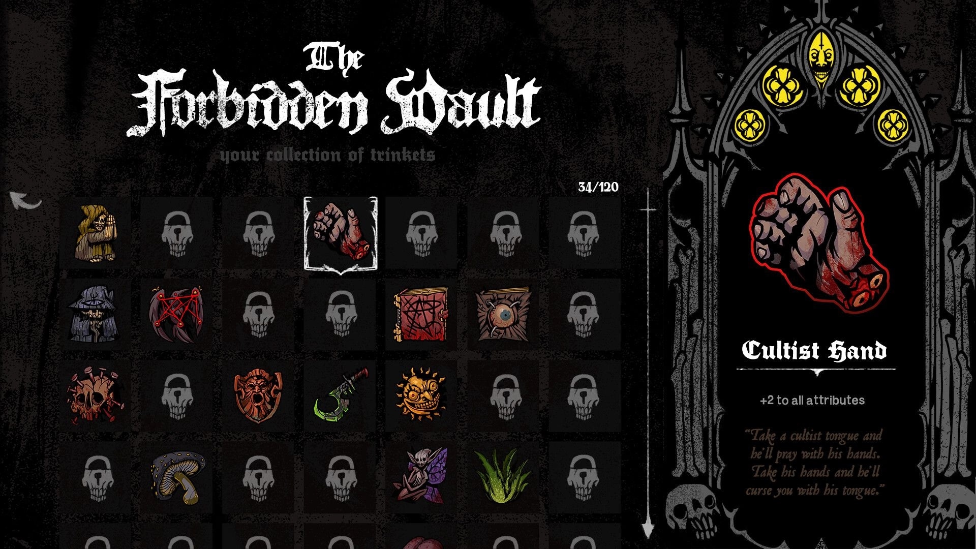 Sigils of Nightfall: Inventory screen displaying trinkets with highlighted Cultist Hand in dark vault.