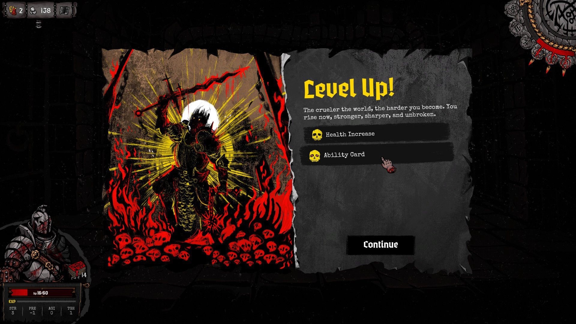 Sigils of Nightfall: Character leveling up with options for health increase and ability card in dungeon.