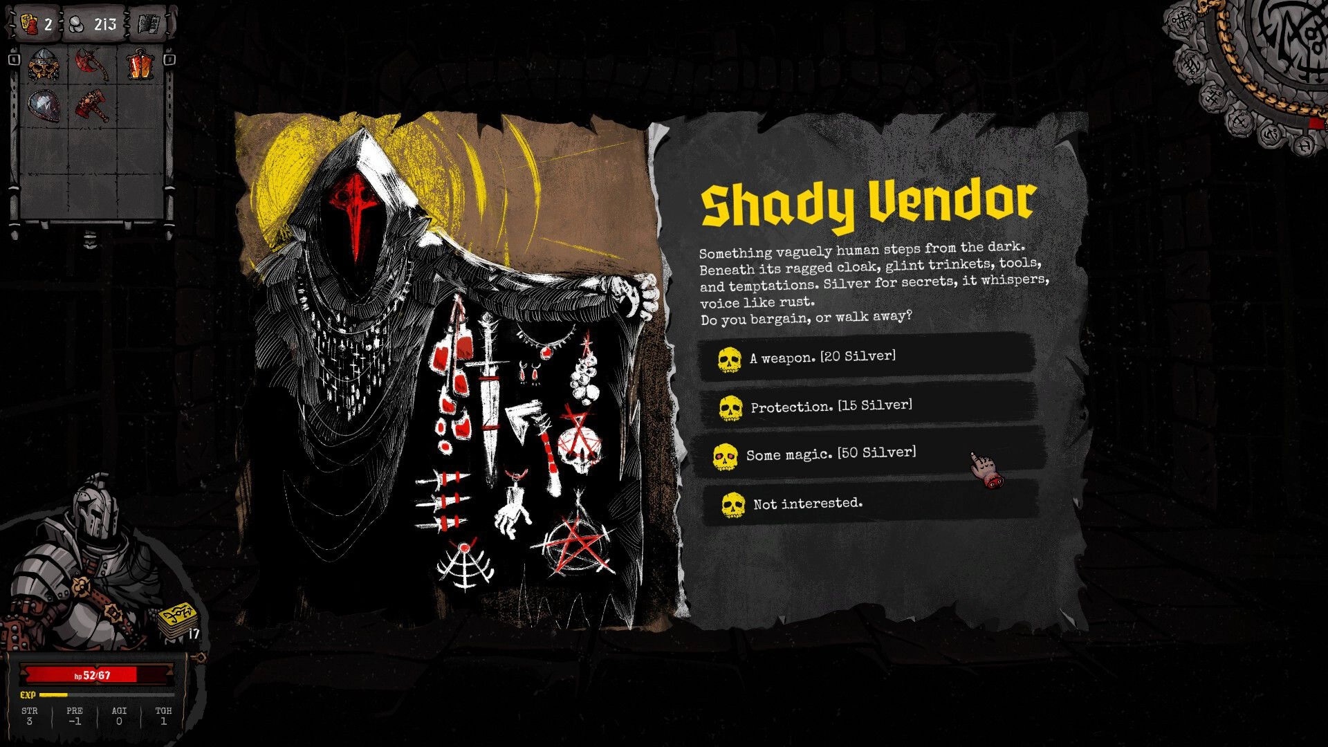 Sigils of Nightfall: Shady Vendor offers items to armored character in dark dungeon environment