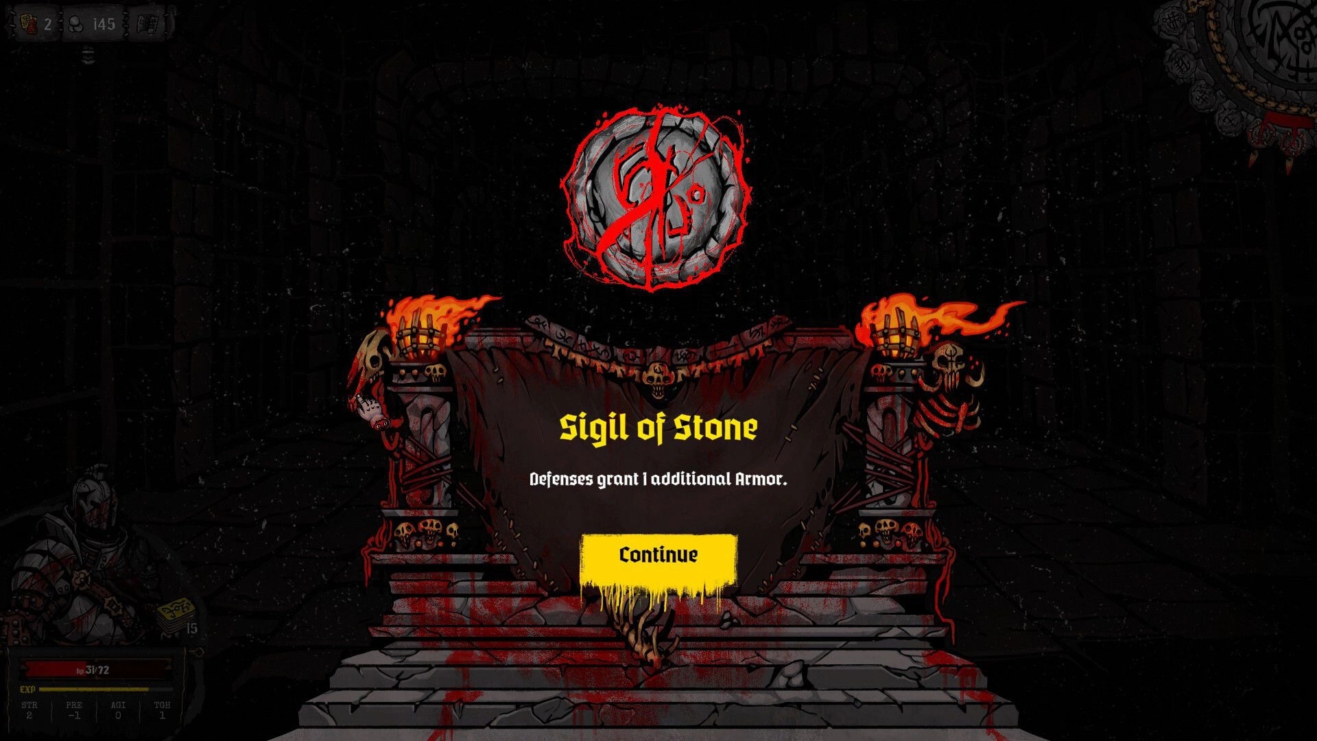 Sigils of Nightfall: Sigil of Stone reward screen with flaming skull pillars in a dark dungeon setting