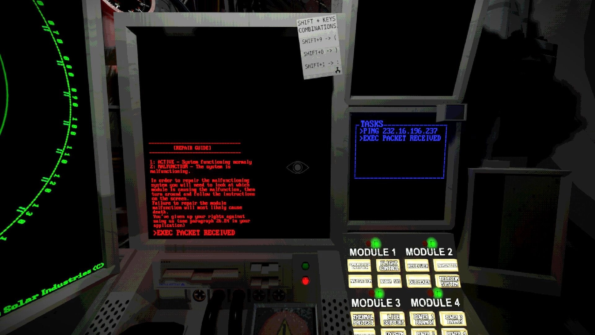 SIGNAL LOST: Control panel with repair guide, task list, and module status in spacecraft cockpit.