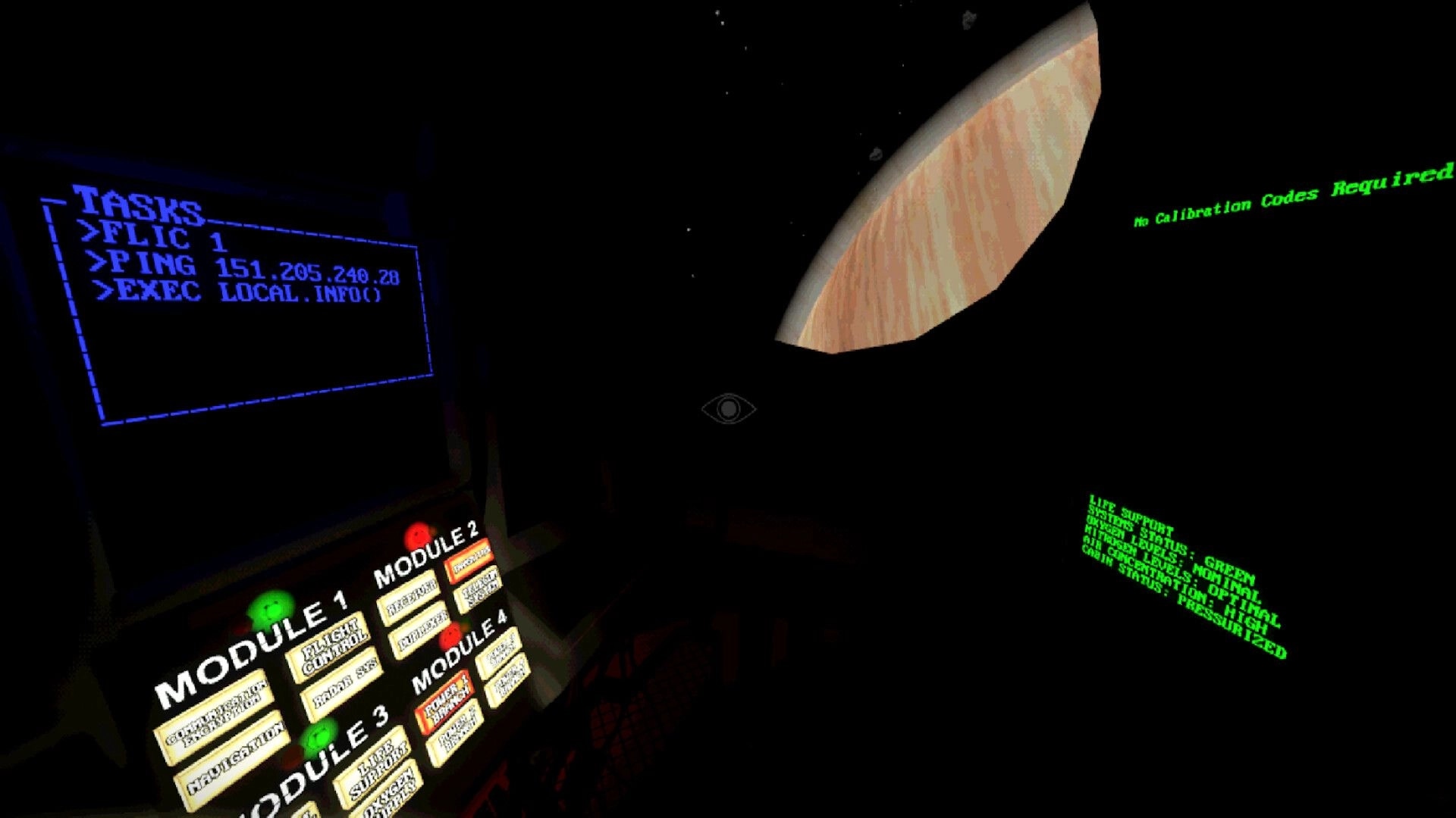 SIGNAL LOST: Task menu and module controls on spacecraft with Venus visible through window